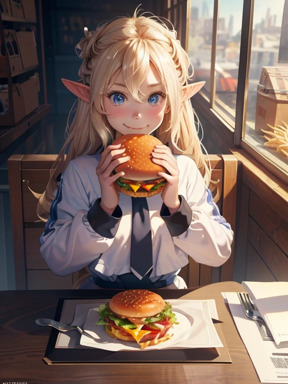 masterpiece, Best Quality, High-definition CG Unity 8k Wallpaper,((Upper body portrait)), ((Food stalls)), (とてもcute８Age Girl), ( holding a giant hamburger with both hands ,  eats), (Long pointy ears),  elegant long wavy platinum blonde hair , ((Average Chest Circumference, Self-illuminating skin)), ((Unknown uniform style )), (white skin), (), , ( happy smile), cute,  with a symmetrical face , fine grain, Key Art, Awards,  Intricate Details Realism HDR ,  photorealism , hyperrealism, Ultra-realistic,  Dramatic Light ,  Great views ,  Written Boundary Depth, french fries, drink,