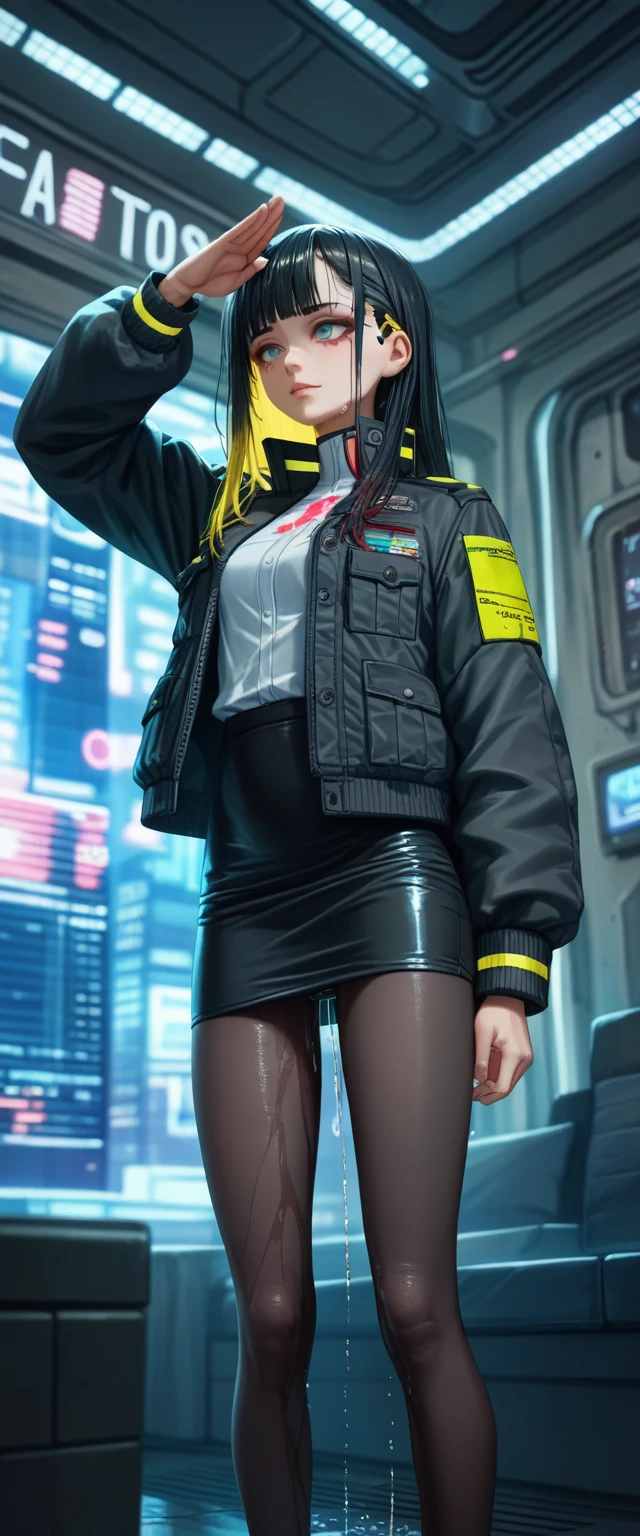 1girl, long hair, (black hair:1.5), blue hair highlights, yellow hair highlights, red hair higlights, multicolored hair highlights, military uniform, jacket, pencil skirt, pantyhose, dark gray jacket, (wetting self:1.5), salute, legs together, futuristic, science fiction, cyberpunk, indoors