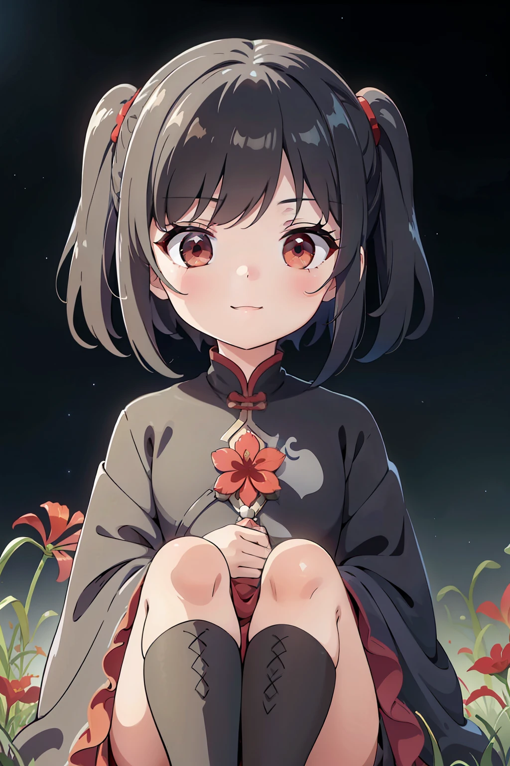 (high-quality, breathtaking),(expressive eyes, perfect face) portrait, 1girl, Symmetrical Eyes, toddler age, short height, adolescent, black hair, red eyes, black and red trim dress, long cloak, knee high socks, small boots, medium full shot, cowboy shot, red spider lily, medium hair, stylized hairstyle, cute smile, age 5, cute clothing, black background, starry sky, blue lighting, moon background, green field, field of red flowers, nebula sky, jing liu, ren\(character\), pigtails, positive expression, cute smile
