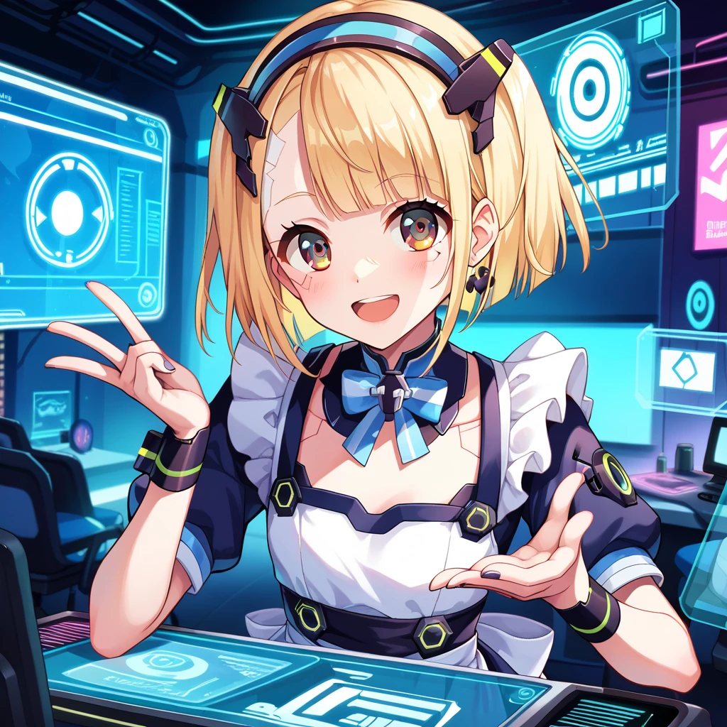 virtual idol,live stage, virtual stage,hologram:1.5, colorful cyber block noise, ((hlpr,futuristic, Holographic,cyberpunk,)), singing,virtual girl,hologram girl, yuki mio, Her name is Yuki mio, idol wars z ,Blonde hair, blunt bangs, medium bob Hair,straight hair, She is very kind, she is polite, she is competent, hair covered ears, breast ,hide ear,brown eye,tareme eye, Droopy eyes,blue maid costume, white apron,smile,open mouth,hand mic,