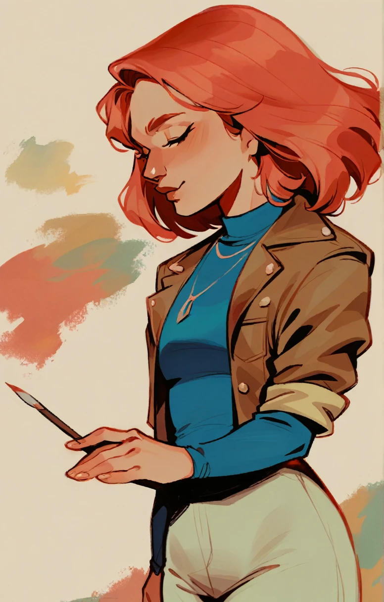 painting of a woman with long red hair and a brown jacket, phil noto, phil noto and james jean, phil noto and rebecca guay, phil noto comic art, beautiful character painting, moebius + loish + wlop, illustration painting, phil noto comicbook cover art, painted character portrait, artwork in the style of guweiz