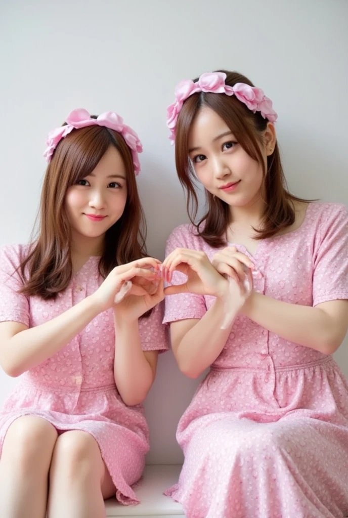 They are wearing off-shoulder pajamas, making a firm big heart shape with both hands, and holding them in front of their chest, View above collarbone、Throat up for a cute smile、Monotone background

