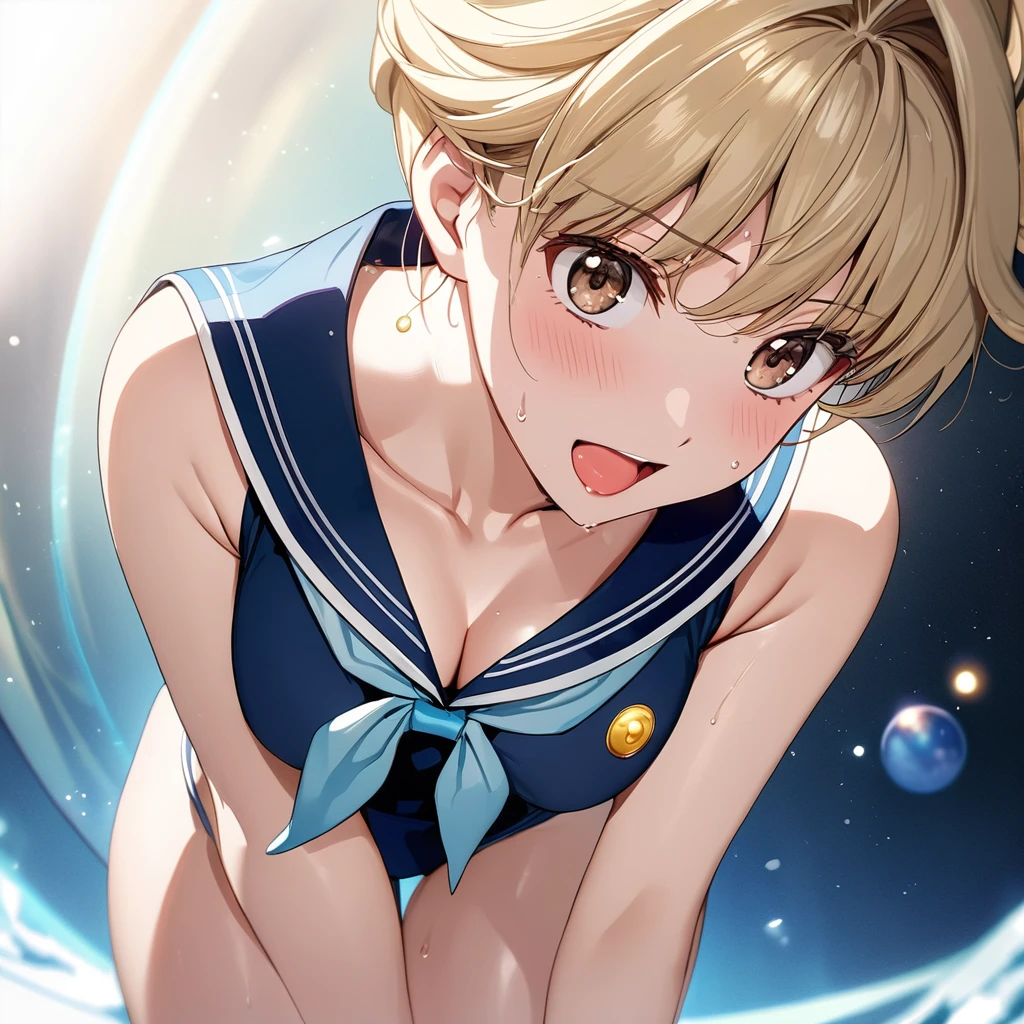 masterpiece, Best Quality, High resolution,16k,official art,super detailed skin,detailed,animated painting,(Sailor uranus:1.5),(E-cup beautiful breasts)、 (tall:1.2),height: 175cm,Fashion model body type、clevage,Sexy long legs, pale blondy hair,very shortcut hair、boyish,brown eyes,  (sailor uranus costume:1.5),Sweating all over the body、Muscular、1girl,solo,shy,blush,(vulgarity:1.2)、(Ahegao:1.3),Anime-style painting style,Close up on upper body,Cinematic lighting,Superfine,Seductively Posing,dynamic angle,extreme closeup shot,simple white background