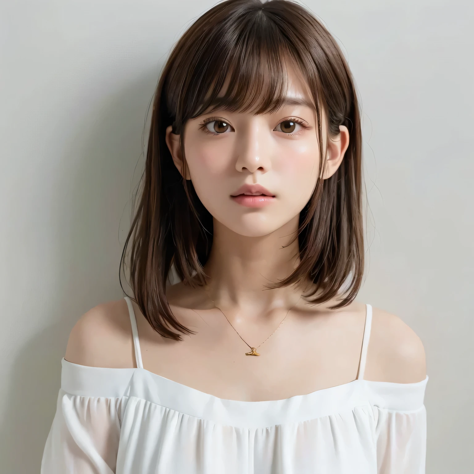  close up of a brown haired woman wearing a white shirt,  layered cut 、Above the chest - long hair , Mid-length hair, Curtain bang, curly hair, with short hair,  princess cut,   shoulder-length hair  , 白 princess cutの髪型, Picture of a young adorable Korean face , short～curly hair, Shoulder - Length,   close up of a neat hairstyle with bangs 、White wall、In front of the white door、((room with white wall with window))、Mister...々 Temporarily stop、 simple necklace、Don&#39;Don&#39;Don&#39;Don&#39; looking at the camera 