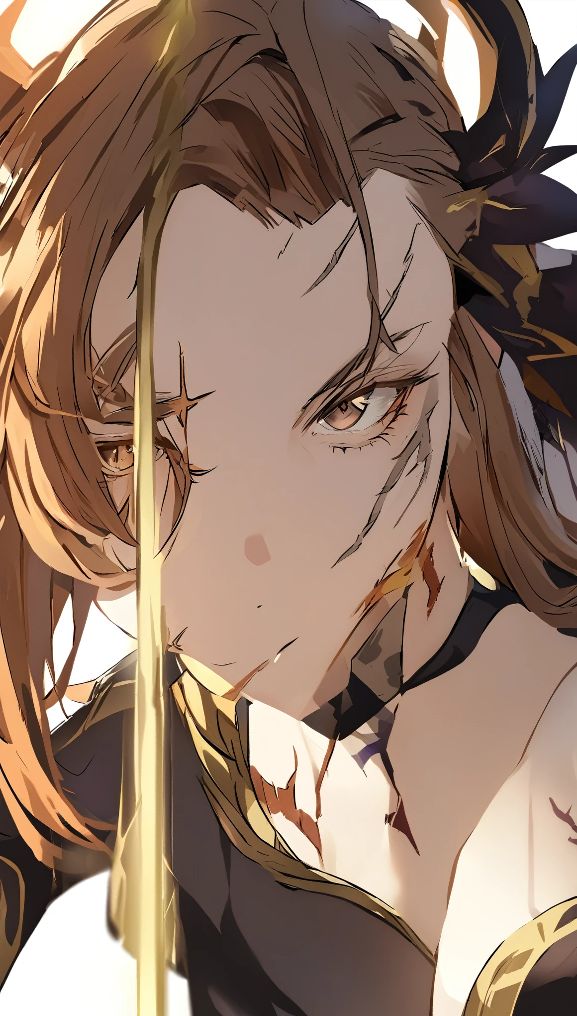 Girl with wavy brown hair, bangs in front of a human eye on her forehead, Jujutsu sorceress, dark brown eyes and a scar on her neck 