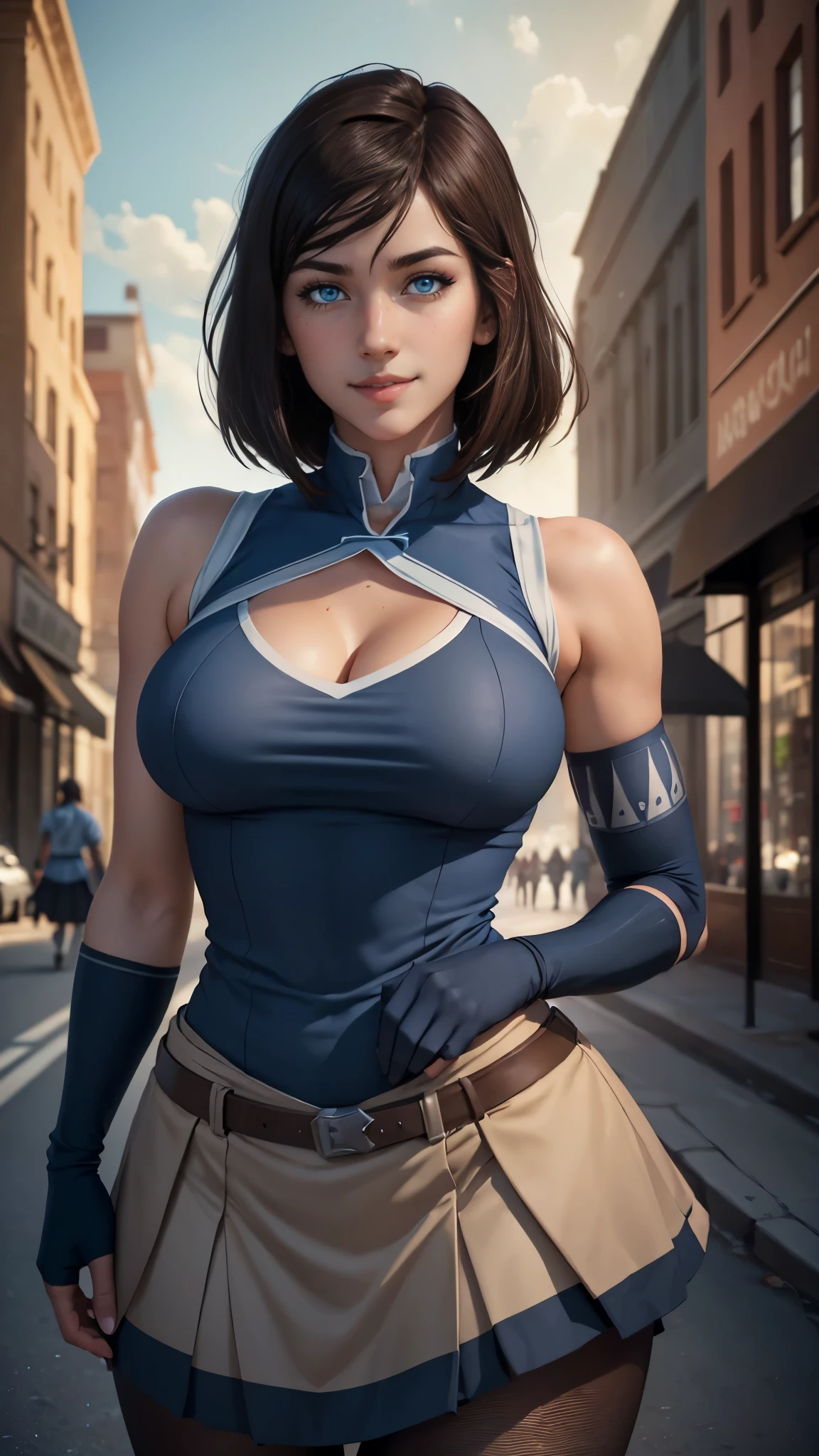 Korra da avatar,(best quality, 4K,8k,high resolution,work of art:1.2)(weather: cloudy), school district background, downtown, wide hips, short straight hair, brown hair, freckles, school uniform shirt, necktie, pantyhose, school uniform skirt, school  shoes, elbow long gloves, bracelets, cleavage, light makeup, dark eyeshadow, blush, flirty pose, glowing eyes, ultra detailed,portrait,realistic,beautiful detailed blue eyes, beautiful detailed lips,extremely detailed eye and face, long eyelashes,average, large breasts,flying hair,beaming smile, sexy smile, powerful girl, bright coloured, dramatic lighting,