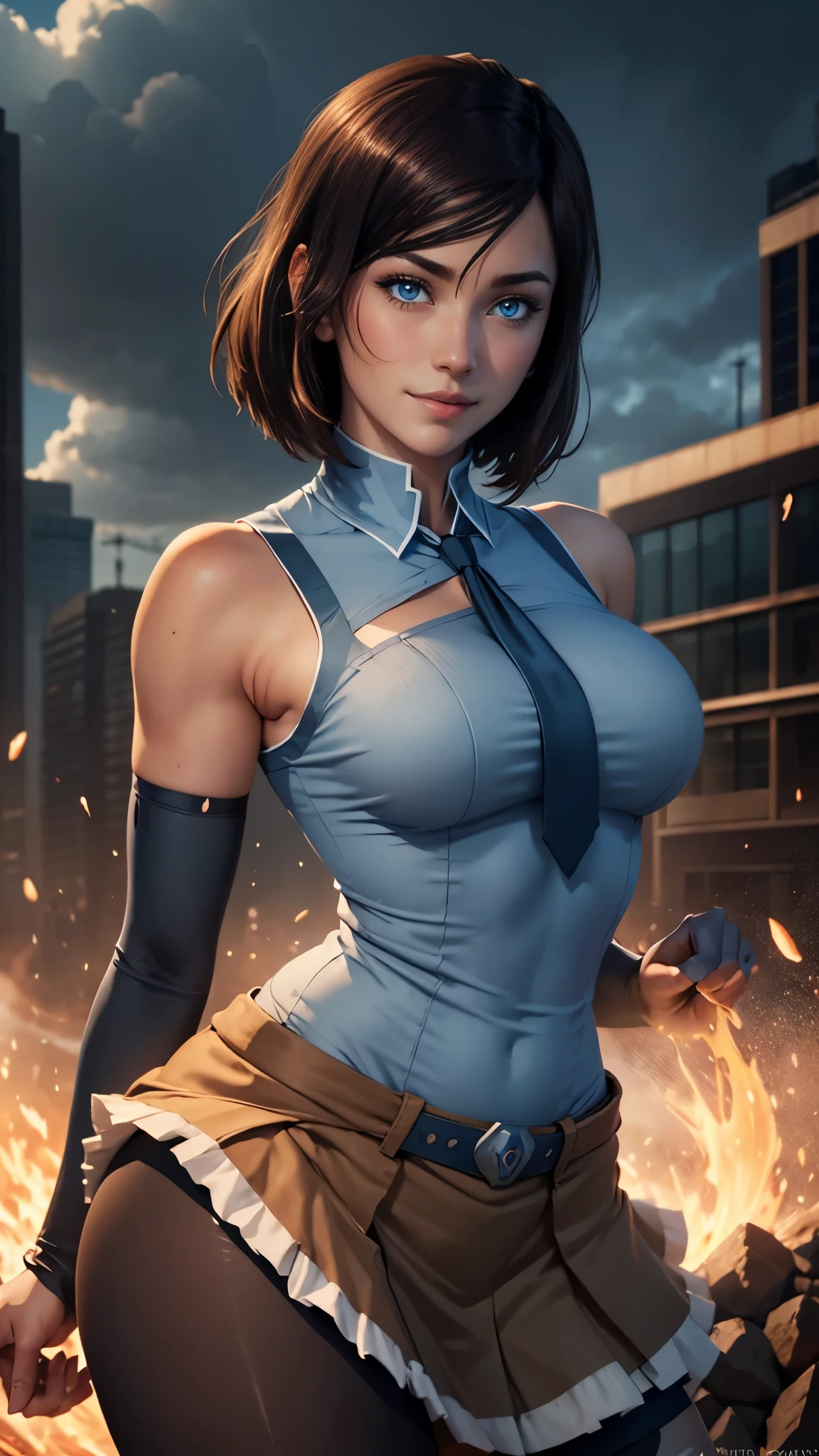 Korra da avatar,(best quality, 4K,8k,high resolution,work of art:1.2)(weather: cloudy), school district background, downtown, wide hips, short straight hair, brown hair, freckles, school uniform shirt, necktie, pantyhose, school uniform skirt, school  shoes, elbow long gloves, bracelets, cleavage, light makeup, dark eyeshadow, blush, flirty pose, glowing eyes, ultra detailed,portrait,realistic,beautiful detailed blue eyes, beautiful detailed lips,extremely detailed eye and face, long eyelashes,average, large breasts,flying hair,beaming smile, sexy smile, powerful girl, bright coloured, dramatic lighting,