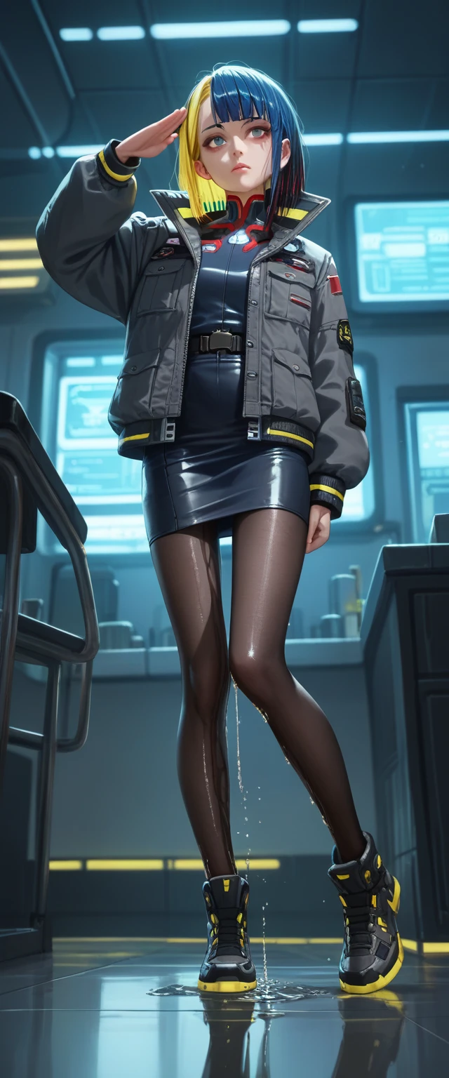 1girl, black hair, blue hair highlights, yellow hair highlights, red hair higlights, multicolored hair highlights, military uniform, jacket, pencil skirt, pantyhose, dark gray jacket, (wetting self:1.5), salute, legs together, futuristic, science fiction, cyberpunk, indoors