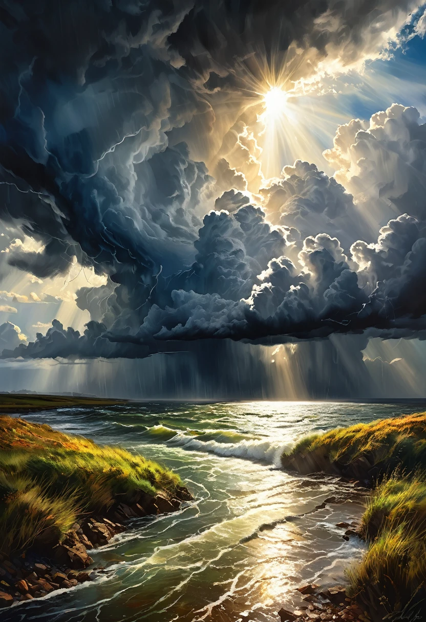 oil painting, landscape, terrible storm, raging weather, sunlight shining through the clouds, various effects, delicate and dynamic textures, contrasts of light and shadow, 2.5D, artistic photography, hyper realistic, digital graphic CG, BREAK ultra detailed, absolutely resolution, best quality