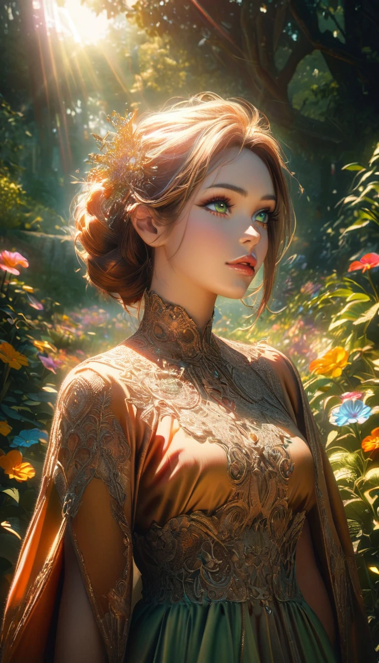 Beautiful Forest Dawn , Idyllic, Magical, Majestic,  Epic Lighting, 8k,  1 girl,   detail face  , Detailed eyes, Detailed lips,  Long eyelashes,  Beautiful dress,  gentle expression , Bushes green, Colorful flowers, sun rays,  photorealistic ,  like a movie, Warm colors,  Dramatic Lighting,  intricate detail