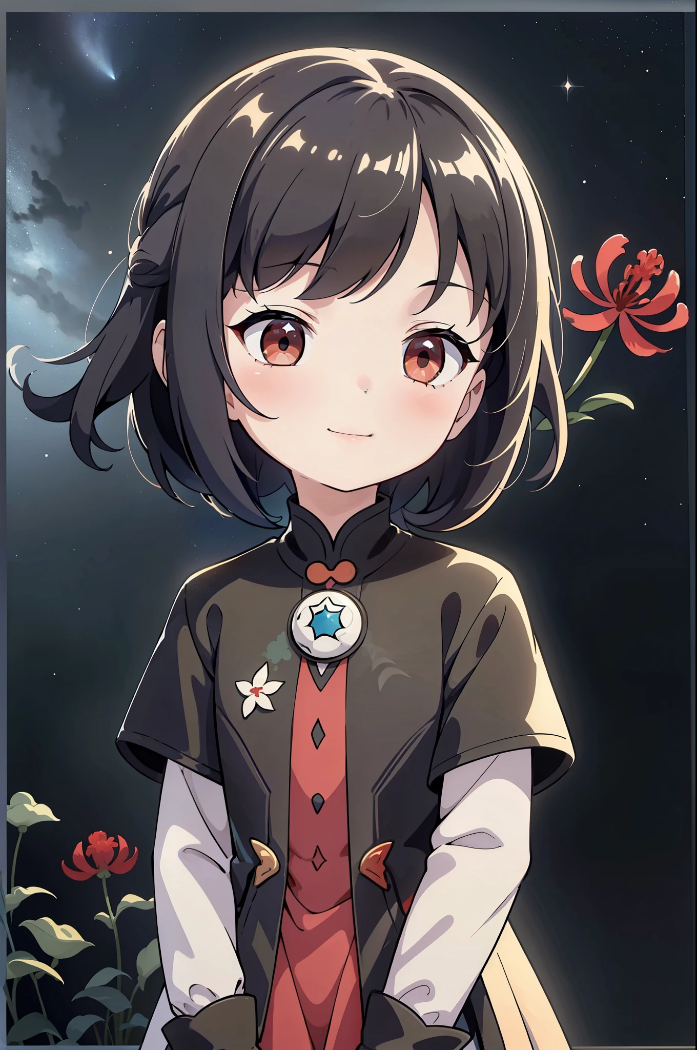 (high-quality, breathtaking),(expressive eyes, perfect face) portrait, 1girl, Symmetrical Eyes, , short height, adolescent, black hair, red eyes, black and red trim dress, long cloak, knee high socks, small boots, medium full shot, cowboy shot, red spider lily, medium hair, stylized hairstyle, cute smile, age 5, cuteothing, black background, starry sky, blue lighting, moon background, green field, field of red flowers, nebula sky, jing liu, ren\(character\), positive expression, cute smile
