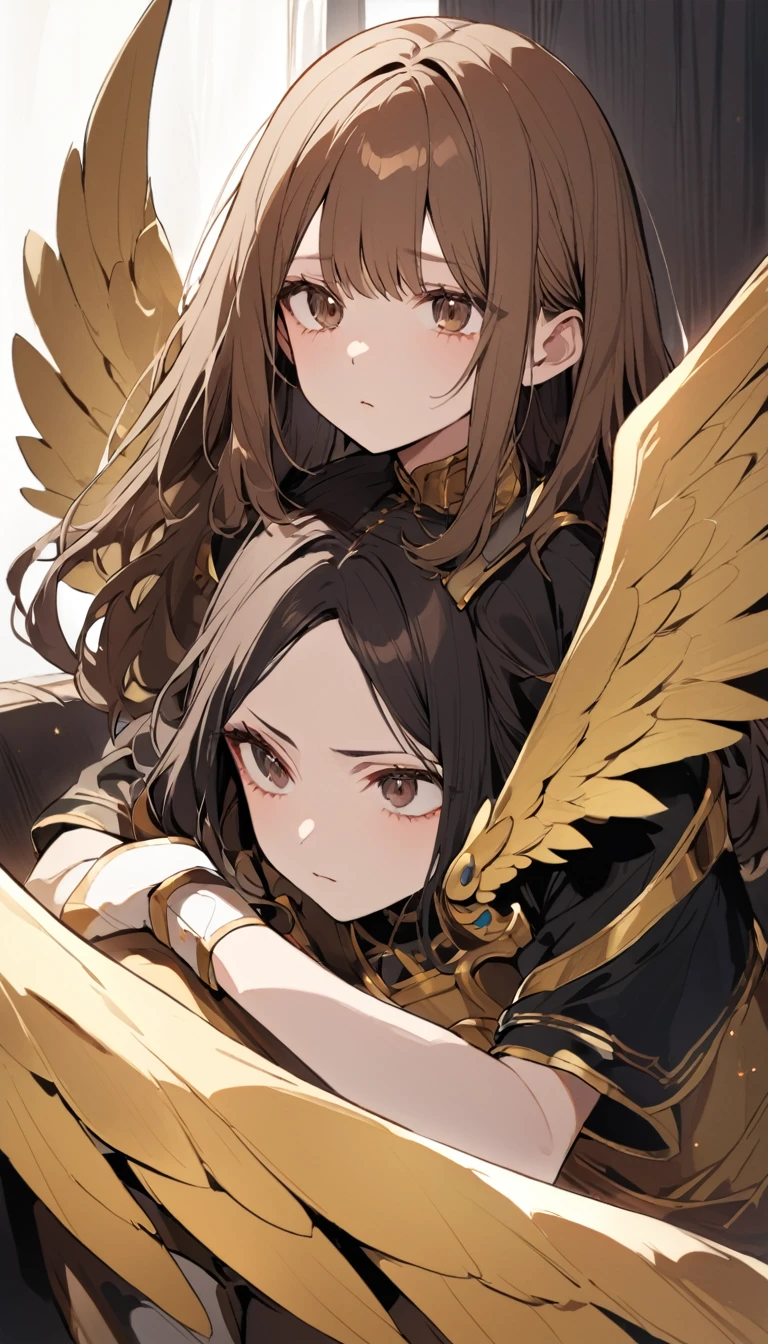 Girl with wavy brown hair , dark brown eyes,  large golden wings and usual neutral face while looking at Dabi