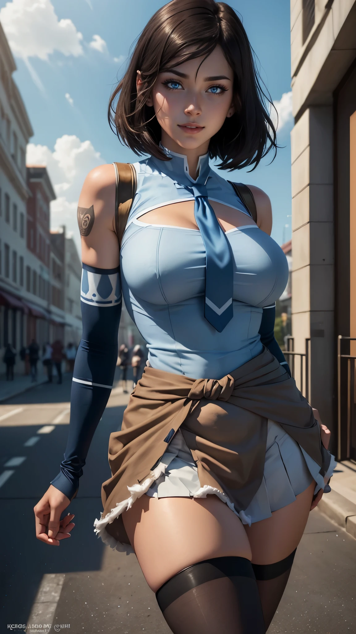 Beautiful woman with short brown hair, blue eyes, athletic body, slightly large breasts, peasant dress , rota desgarrada y sucia corriendo aterrada en ciudad de noche rodeada de zombies