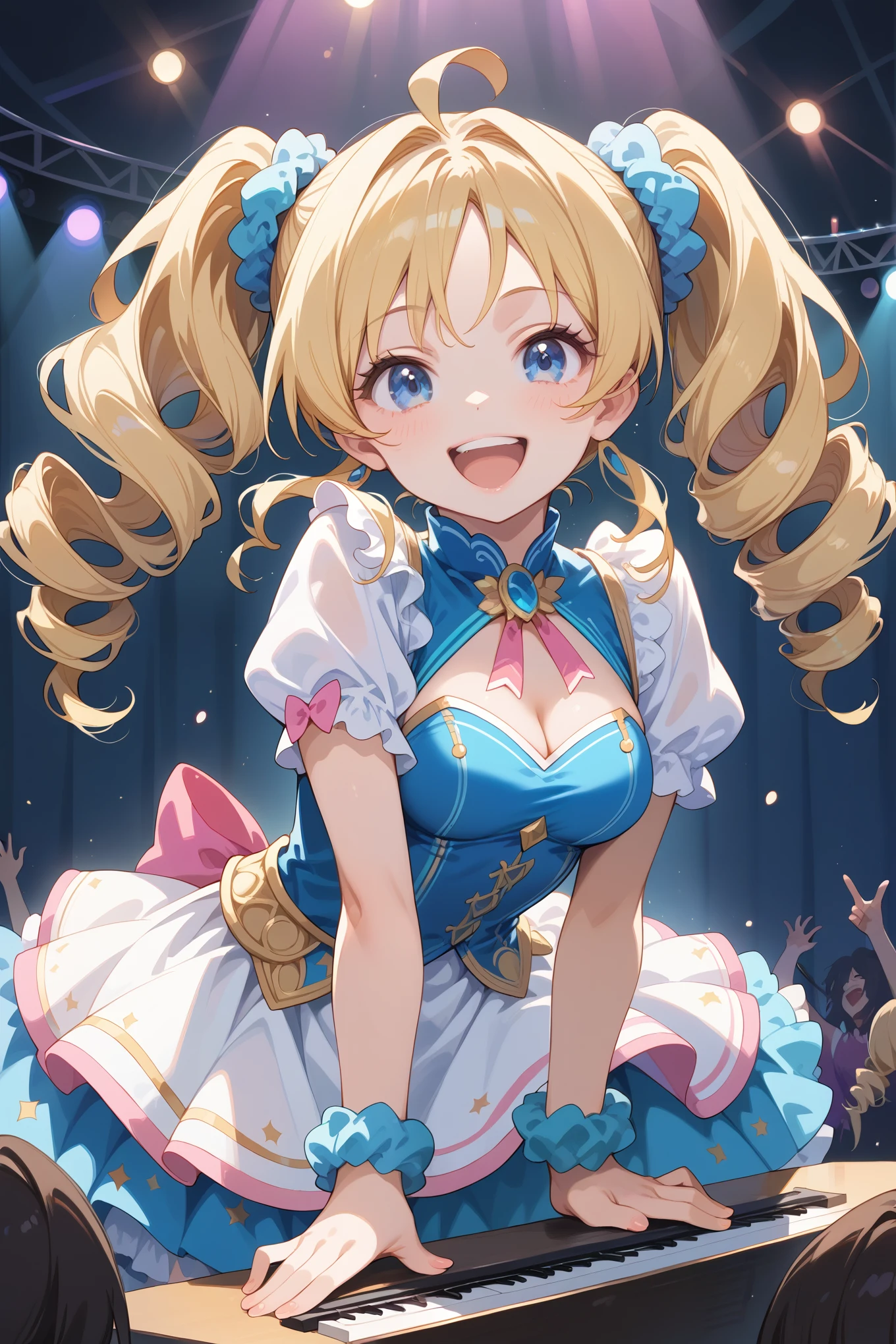 Score_9, score_8_up, best quality, masterpiece, detailed, 1girl, open mouth, smile, blonde hair, blue eyes, twintails, drill hair, hair scrunchie, ahoge, medium breasts, idol clothes, on stage, singing,