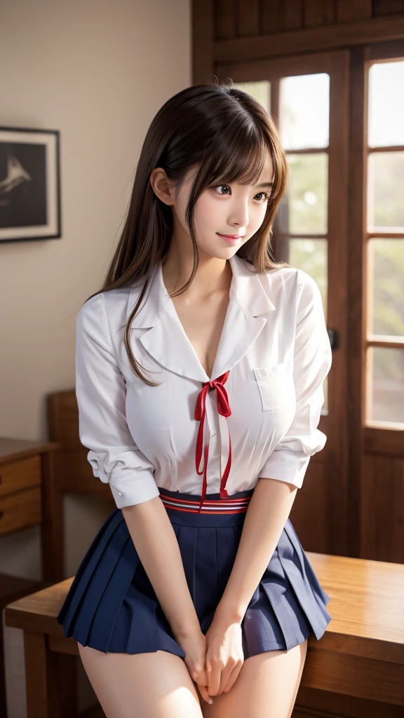 ((highest quality, 8K, masterpece :1.4,アニメ)), highest real,Sharpness:1.3, Perfect Body Beauty:1.4,super detailed face and skin texture,((Super Real,best quality)),(soft lighting),super detailed face, fine eyes, double eyelid,(ass pov),(((1 girl))),((make eye contact with the audience)),((Composition from the front:1.4)),fine detail,highly detailed face and eyes, (cute face:1.6), ((NSFW:1.6)), my sister,18years old,(huge breasts :2,beautiful areola,small areola),(Glowing skin),---//background//---(Inside the In school, in the classroom, bright room, large windows, sunlight shines in)---//Hairstyle//---(Beautiful DARK BLONDE hair:1.2,CUTE SHORT HAIR:1.2)---//expression//---(SMILE FACE:1.4)---//Pause//---(sitting on the bed:1.4,leaning forward:1.4),((close up face:1.5,UPPER body:1.4)),---//clothing//---((school uniform:1.4,sailor suit:1.4,RED RIBBON TIE:1.4)),((she is wearing an white shirt:1.5)),(RED SKIRT:1.2,Red and white check pattern:1.2))---//Titty fuck//---(((LONG penis, breasts blowjob, paizuri, penis is between breasts, penis in breasts, breast squeeze,press breasts together,Close your breast with both hands)))