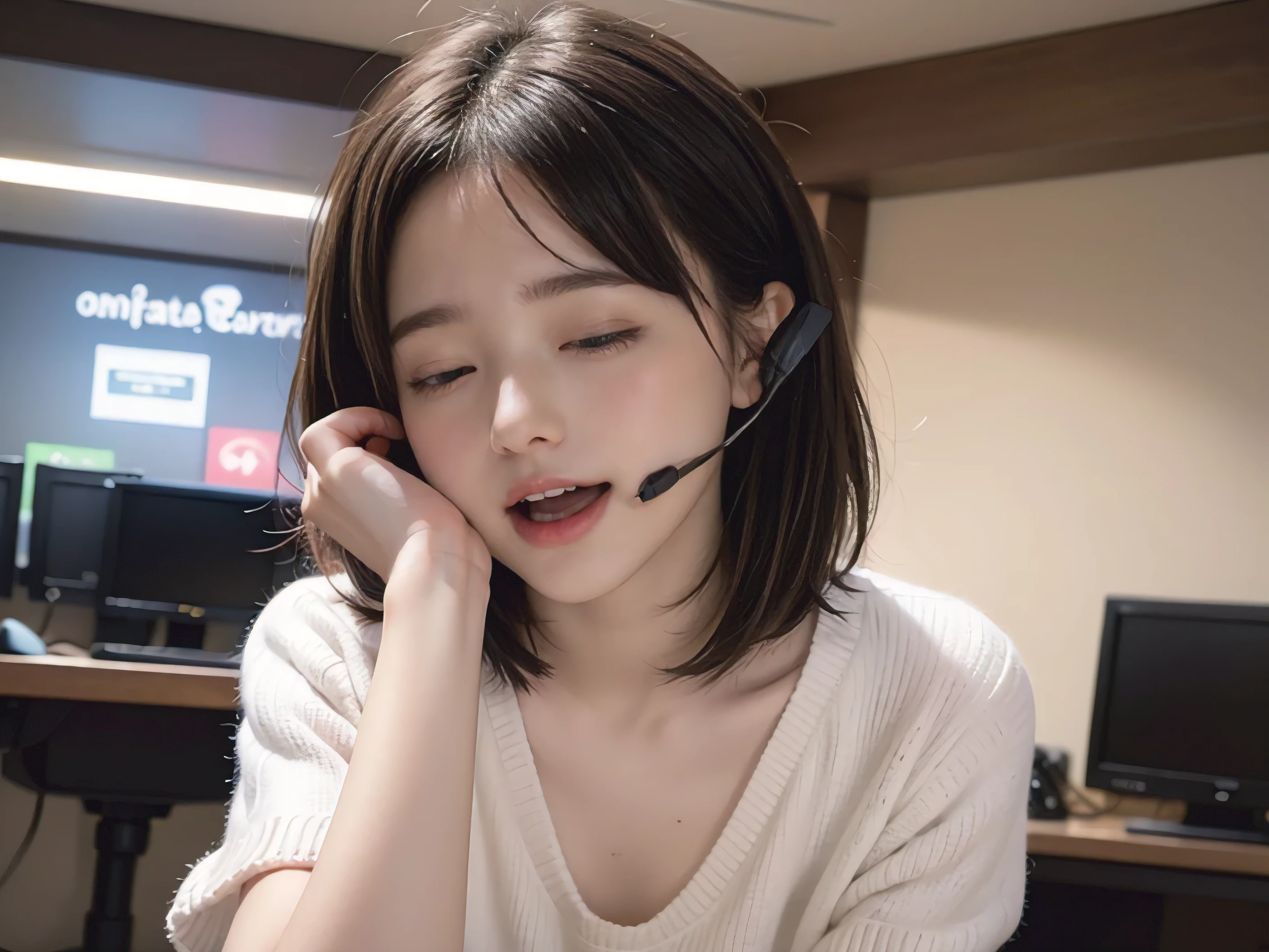 Vibrator prank in the office,Women in the company,She leaned forward.,(She closes her eyes),she yawns, A lot of people around、crowd、Hand holding a pink remote control outside the frame,She wants me to stop using the vibrator,Look here and plead、Embarrassed face、She puts her hands on her crotch under the desk,She is wearing a black suit with a tight skirt、White blouse、Work at your desk、OL、Sitting in a chair、Computer work、Fluffy medium hair、Pure erotic face、(Masseter muscle area:1.3)、(8k、Photorealistic、RAW Photos、Highest quality: 1.4)、(One Girl)、Very beautiful face、Very beautiful face、Very beautiful face、(Very realistic face)、(Black-haired、Straight Long Hair:1.3)、Very beautiful hairstyles、Very realistic eyes、Very beautiful details、(Extremely realistic skin)、Very beautiful skin、Absurd、Very attractive、Ultra-high resolution、Surreal、High definition、Golden Ratio、Golden Ratio、Golden Ratio、beauty、beauty、beauty。