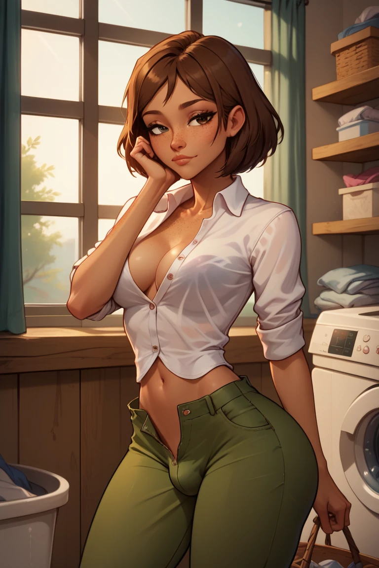 score_9, score_8_up, score_7_up, score_6_up BREAK solo,cowboy shot,laundry room,futa, fit toned body, wide curvy hips, big ass, courtneytd, dark skin, freckles, white shirt, open buttons, sleeves rolled up, green pants,small bulge,penis shaped bulge,short hair,brown hair,laundry basket,washing machine,dirty clothes, mini denim shorts, exposed midriff,bored,leaning,chin rest,bent over,window,hand touching bulge, from front,