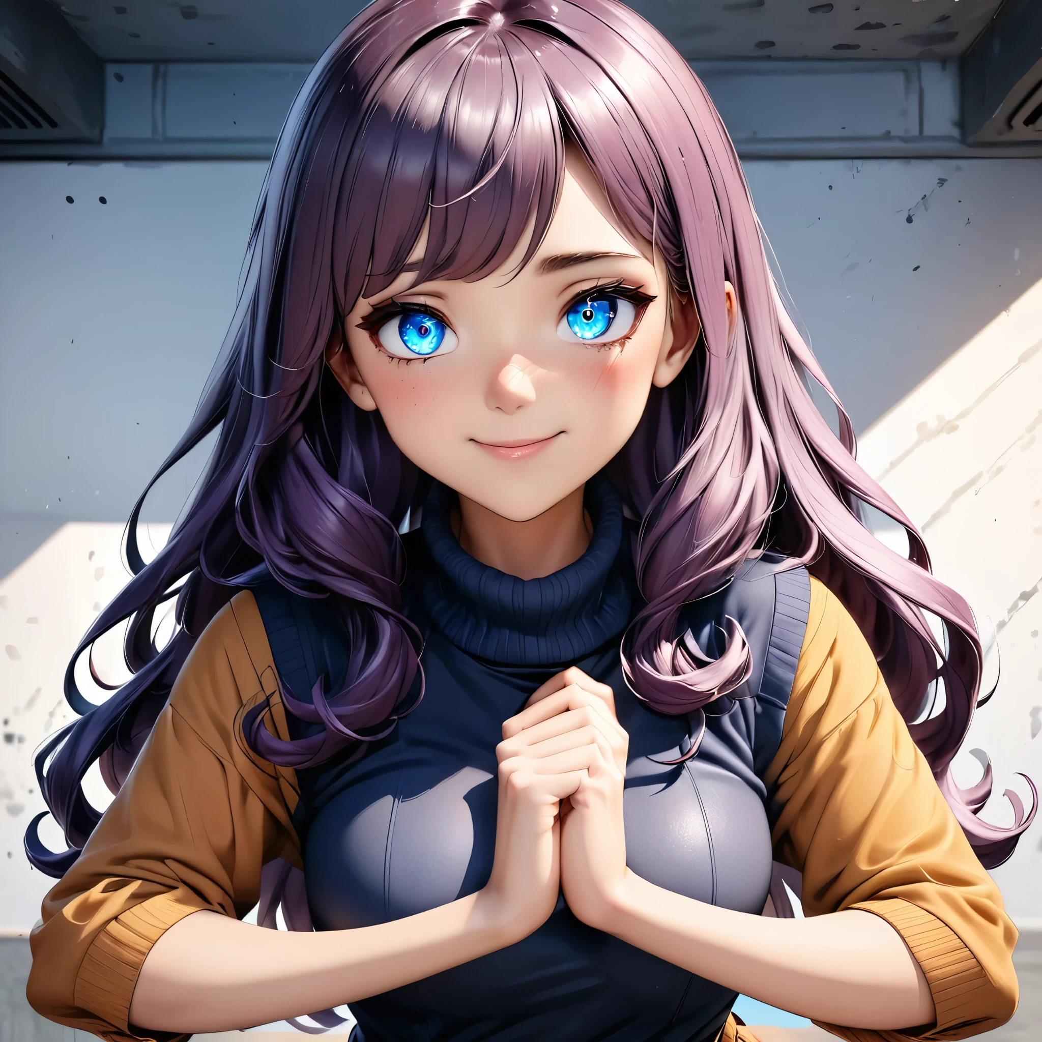 Masterpiece, 4K, HDR, full HD, (best quality), (ultra detailed), (only), intricate ANIME TYPE, best quality, 1girl, deep purple hair , hyper beautiful face, purple hair, perfect anatomy, shiny skin, full body, alone (shiny purple hair, long hair), looking at viewer, perfect hands, perfect legs, super detailed clothes, intricate clothes, hyper detailed cloths, super detailed face, super detailed skin, super detailed quality, expressive eyes, blue eyes, super detailed eyes, JK, epngekatsuragimisato ,  SDXL Illustration Design Pretty Girl Two-dimensional Pretty Girl Digital Painting Comic Ukiyo-e Watercolor Manga Other,ROUGH, smile, blushing, dynamic pose, American shot, cowboy shot, portrait quality, she wears Velma's outfit, EPsbdDaphne, ScoobVelma , kneehigh boots, pleated skirt, turtleneck sweater,