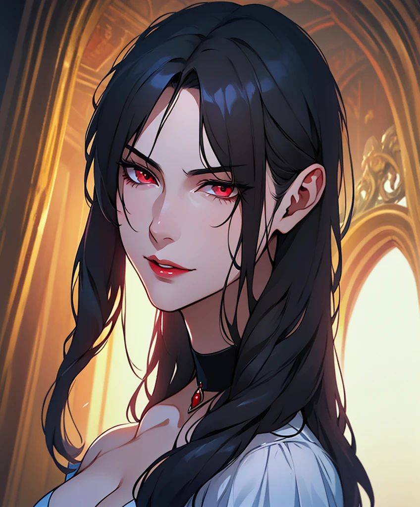 Realistic Portrait, Elegant mature woman, masterpiece, best quality, 1girl, Serana, red eyes, detailed eyes, perfect eyes, black hair, long hair, gothic black dress, red sleeves, cleavage cutout, black choker with ruby decoration, front view of the face, looking at viewer, portrait, glaring, red lips, parted lips, seductive smile, cheerful expression, hands down, shot from below, indoors, castle, front view, only upper body, up to waist, soft light, high detail, 4k resolution, high quality, beautiful CG