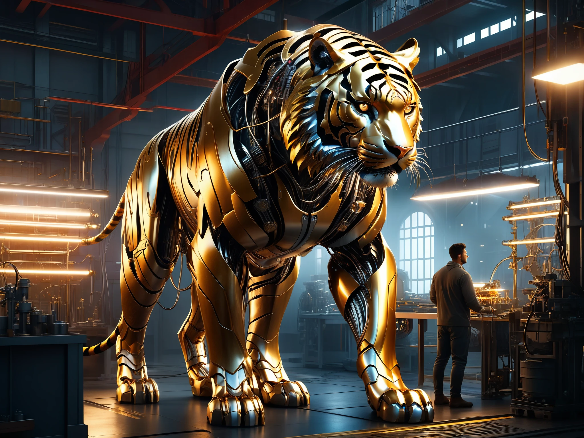 (((masterpiece))), (((best quality))), ((ultra-detailed)), (highly detailed CG illustration), ((an extremely delicate and beautiful)),(from side), cinematic light, a giant cyborg style tiger with golden metal plates standing in a workshop with people working on it, blood vessels connected to wires, pipes, mechanical parts, cyborg, science fiction, bloom, glare, bokeh, hnsrdlf style, smooth, clean