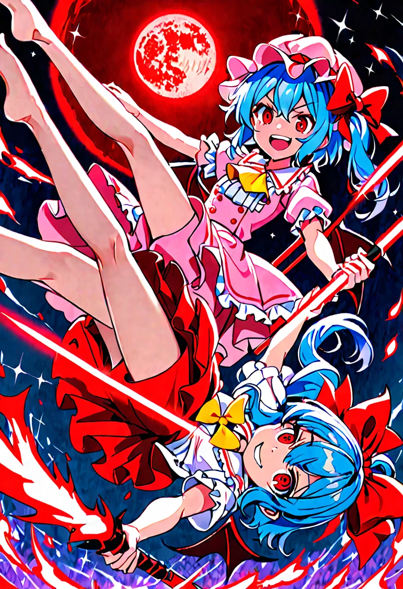 red eyes, (glowing eyes:1), 2girl, sparkle, star \(symbol\), remilia scarlet, mob cap, bat wings, ribbon, frilled shirt collar, short sleeves, blue hair, red eyes, ascot, pink dress, put one hand chest, crazy smile, full body, rose petals, flying, holding pink spear, glowing spear, aiming viewer, dynamic pose, upside down, ((front view)), 



flandre scarlet, blonde hair, mob cap, hair bow, bowtie, side ponytail, short sleeves, red vest, yellow ascot, red skirt, red eyes, serious, smile, fire sword, aiming viewer, dynamic pose, close to viewer, dutch angle, red moon, 