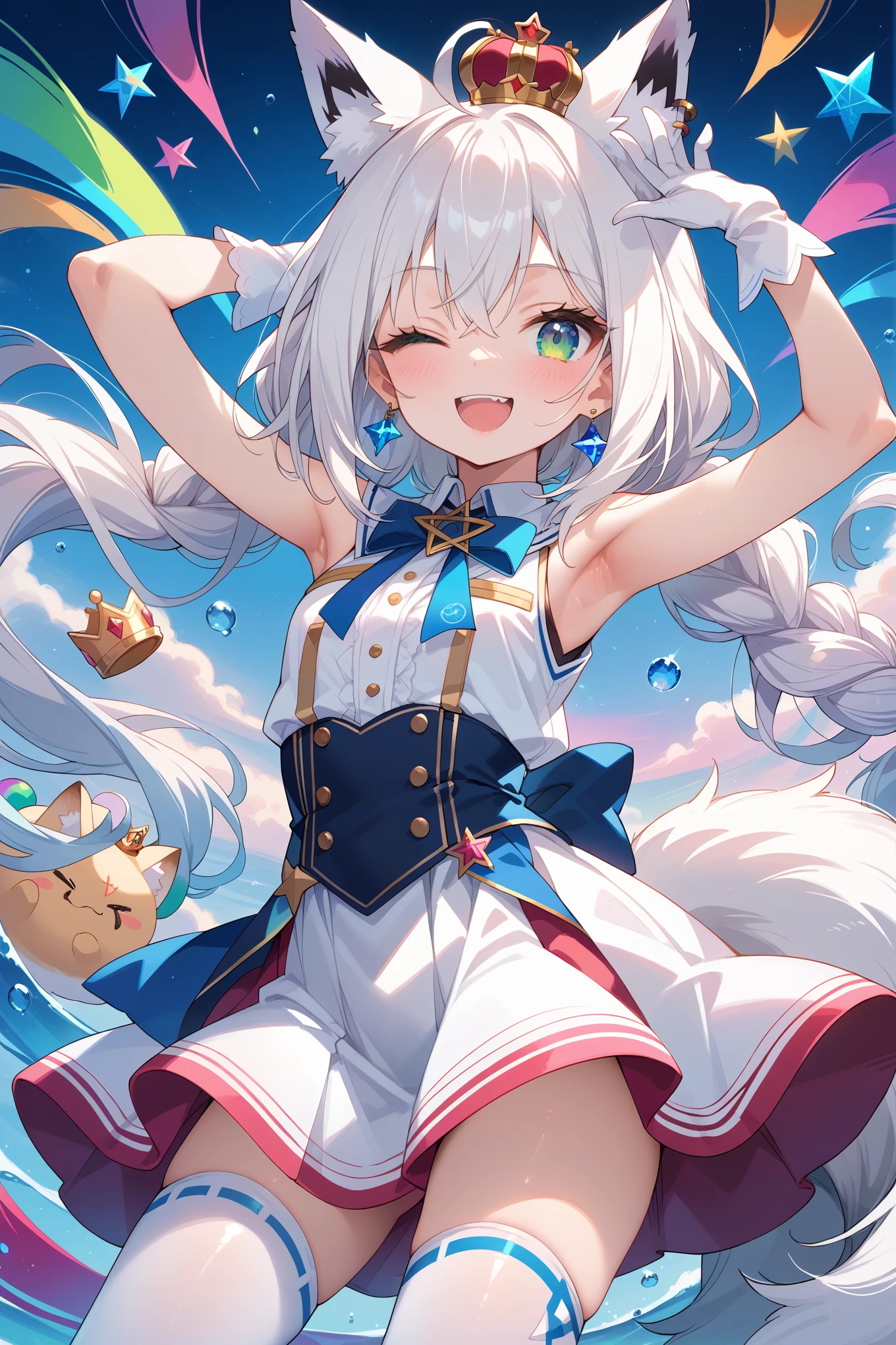 score_9, score_8_up, score_7_up, source_anime, 1girl, solo, virtual youtuber, shirakami fubuki, white fox ears, one eye closed, gloves,white fox tail, fox girl, white hair, long hair,white gloves, animal ear fluff, open mouth, looking at viewer, thighhighs, smile, ahoge, crown, armpits, hair between eyes, blush, official alternate costume, bangs, skirt, sleeveless, ho****ve idol uniform, mini crown,braid, arm up, shirt, white shirt, blue eyes, earrings, bow, sleeveless shirt, white skirt, ;d, white thighhighs, jewelry, twintails, green eyes, single braid, sidelocks, pentagram, colorful,