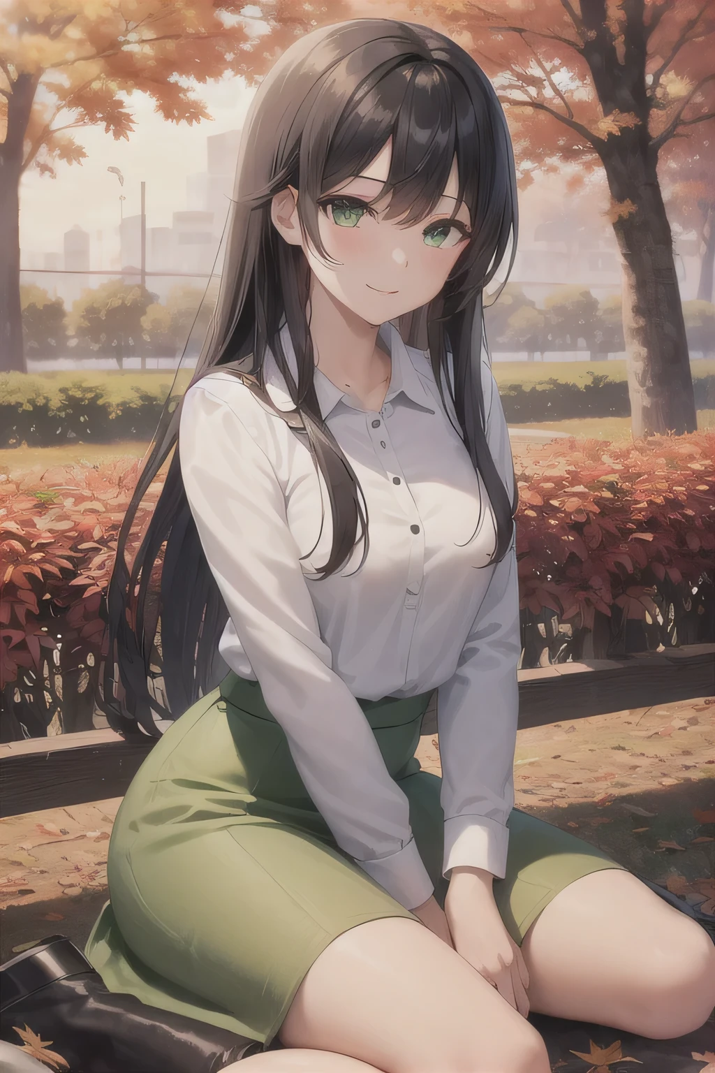 (beautiful illustration,delicate illustration:1.1),best quality, extremely detailed,8k ,cg ,smooth lighting, dynamic pose, smooth skin,Beautiful Eyes,Detailed eyes,Eye highlights,BREAK Autumn sky, clouds,(Autumn, Fall Foliage:1.2),evening day,in park,BREAK  1girl,black hair, long hair,White blouse, (green long skirt), leather boots,Sitting on the ground, leaves all over the place,green eyes,Smiling,Gentle expression,Asymmetrical bangs,Long sleeve,Sitting sideways,Perfect fingers, perfect arms