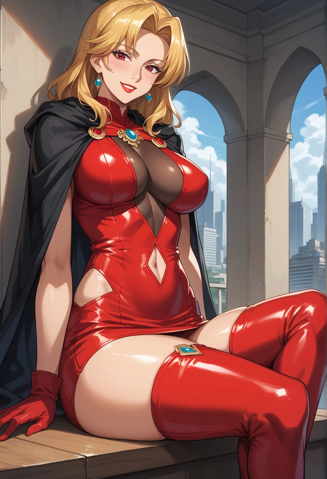 core_9, score_8_up, score_7_up, score_6_up, uncensored,  BREAK, cowboy shot, 
1girl, mature female, solo, lipstick,
gem, red short dress, center opening, red gloves, red thigh boots, black cape, bodystocking, curvy, large breasts, thighs,smile,briefing room, sitting, city,Alicia Viewstroem, red eyes, blond hair,