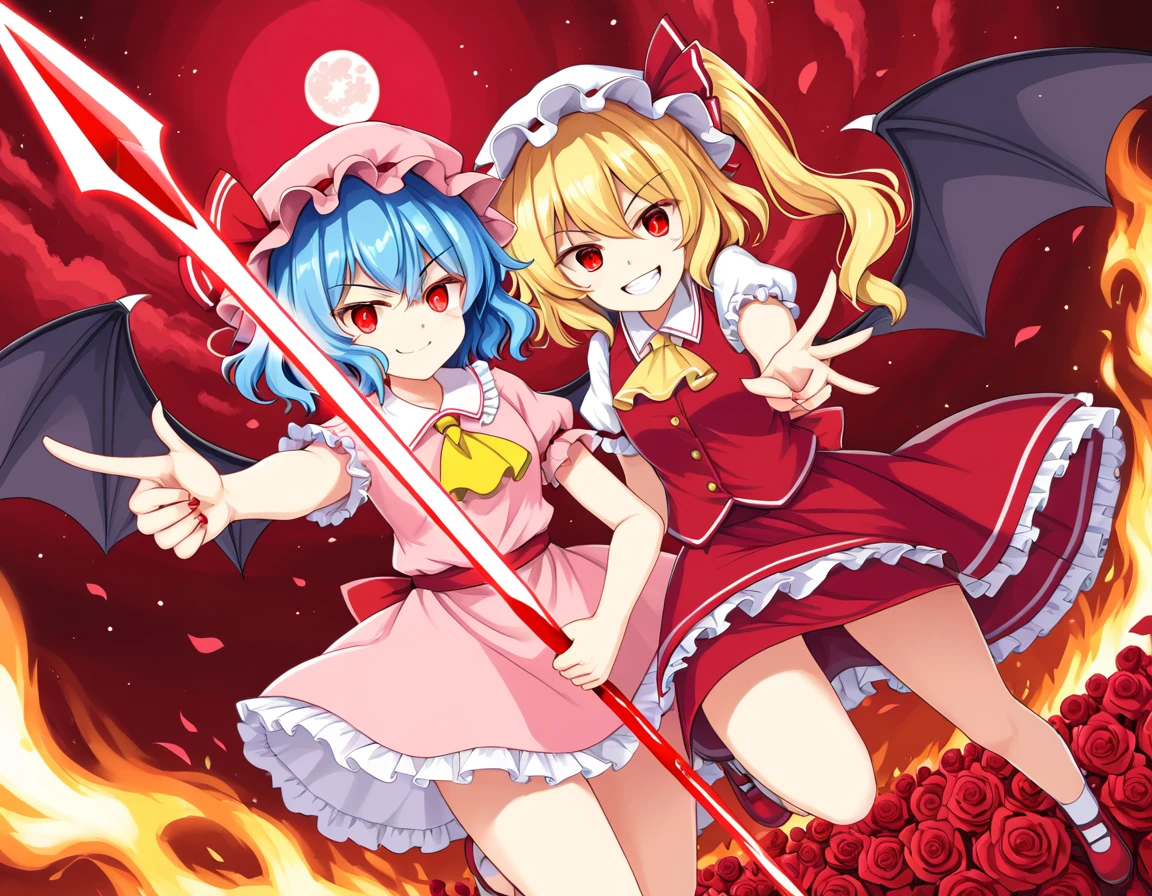 red eyes, (glowing eyes:1), 2girl, sparkle, star \(symbol\), remilia scarlet, mob cap, bat wings, ribbon, frilled shirt collar, short sleeves, blue hair, red eyes, ascot, pink dress, put one hand chest, crazy smile, full body, rose petals, flying, holding pink spear, glowing spear, aiming viewer, dynamic pose, upside down, ((front view)), 



flandre scarlet, blonde hair, mob cap, hair bow, bowtie, side ponytail, short sleeves, red vest, yellow ascot, red skirt, red eyes, serious, smile, fire sword, aiming viewer, dynamic pose, close to viewer, dutch angle, red moon, 