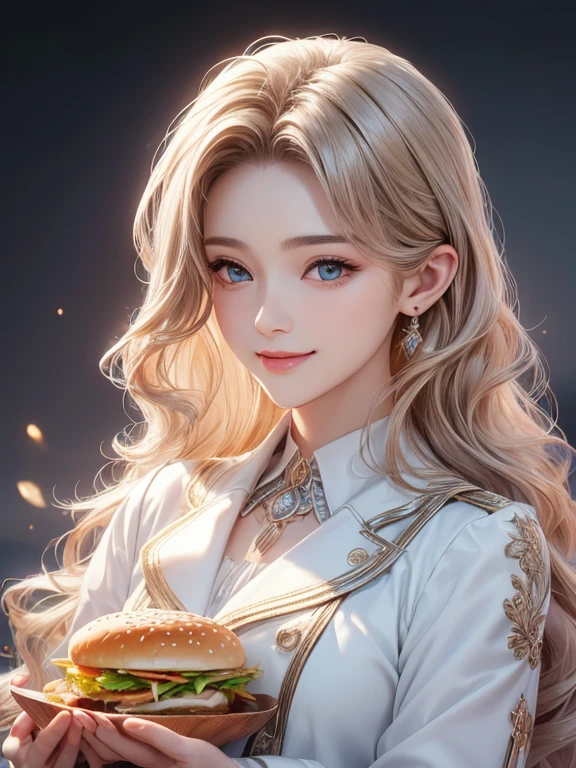 masterpiece, Best Quality, High-definition CG Unity 8k Wallpaper,((Upper body portrait)), ((Food stalls)), ( so beautiful１２Women of age), ( holding a giant hamburger with both hands ,  eats), (Long pointy ears),  elegant long wavy platinum blonde hair , ((Average Chest Circumference, Self-illuminating skin)), ((Unknown uniform style )), (white skin), ( happy smile), cute,  with a symmetrical face , fine grain, Key Art, Awards,  Intricate Details Realism HDR ,  photorealism , hyperrealism, Ultra-realistic,  Dramatic Light ,  Great views ,  Written Boundary Depth, french fries, drink,