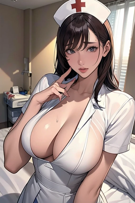 top-quality、Full limbs、complete fingers、1 beautiful woman,detailed beautiful face,cute face,mole under eye、、sweat、Slender beauty、straight haired、Brown hair、((white Nurse uniform、very skinny))、cleavage、White pantyhose、(hospitals、Hospital Room、on Patient bed:1.5)、used condom、vulgarity、spoken heart、(bikini tan:-0.0)、(sexy pose:1.5)、