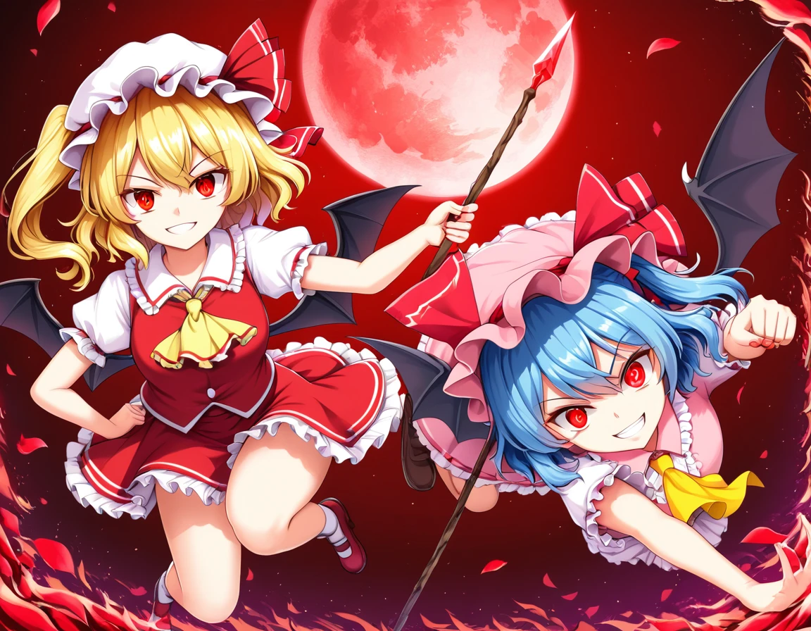 red eyes, au \(d elete\),(glowing eyes:1), 2girl, sparkle, star \(symbol\), remilia scarlet, mob cap, bat wings, ribbon, frilled shirt collar, short sleeves, blue hair, red eyes, ascot, pink dress, put one hand chest, crazy smile, full body, rose petals, flying, holding pink spear, glowing spear, aiming viewer, dynamic pose, upside down, ((front view)), 



flandre scarlet, blonde hair, mob cap, hair bow, bowtie, side ponytail, short sleeves, red vest, yellow ascot, red skirt, red eyes, serious, smile, fire sword, aiming viewer, dynamic pose, close to viewer, dutch angle, red moon, 