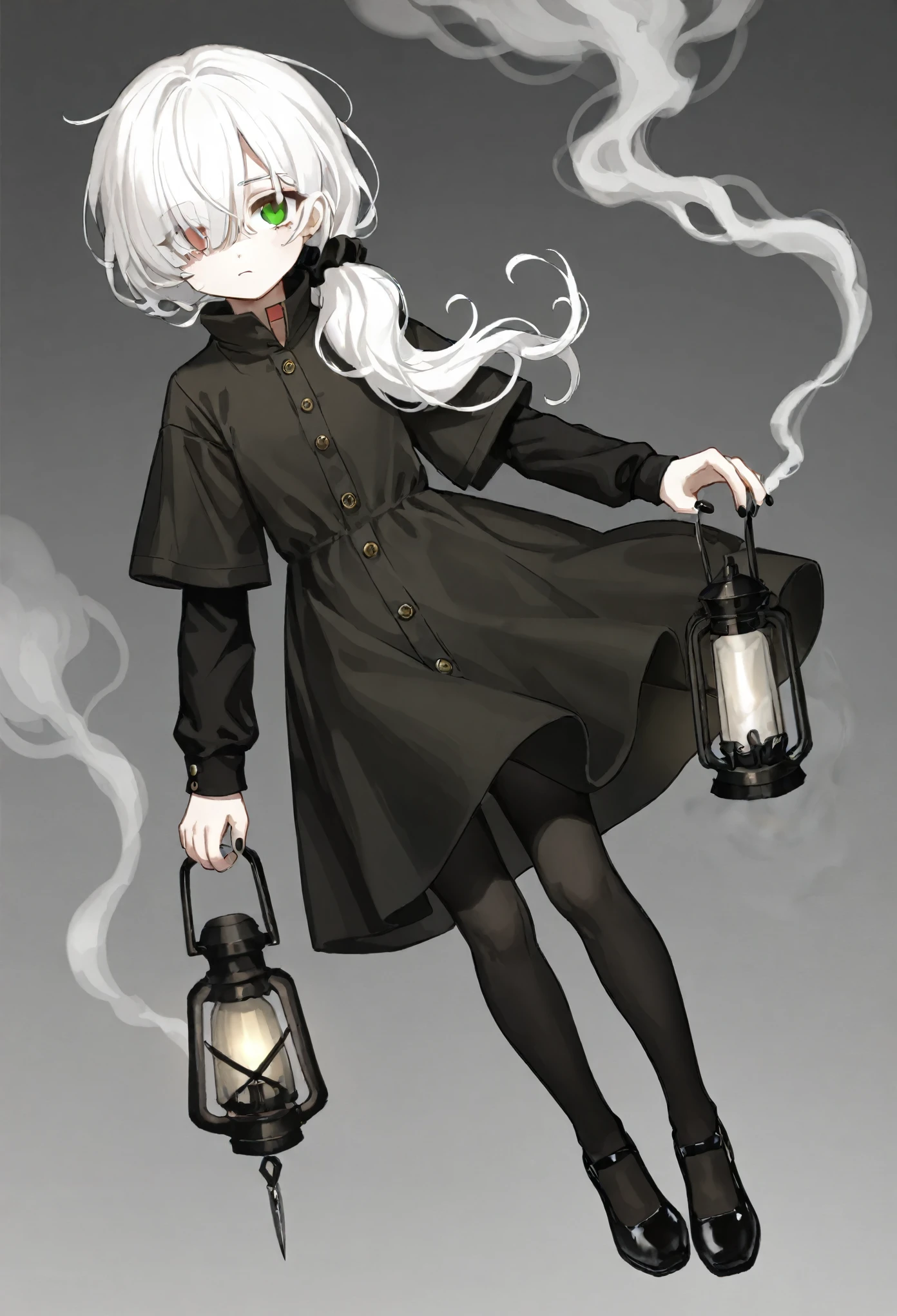 1girl, original,
black dress, black footwear, black nails, black pants, black pantyhose, black scrunchie, black sleeves, buttons, closed mouth, collared dress, dagger, dress, full body, gradient background, green eyes, grey background, hair ornament, hair over one eye, hair over shoulder, hair scrunchie, heterochromia, high collar, holding, holding lantern, knife, lantern, layered sleeves, light frown, long hair, long sleeves, looking at viewer, low ponytail, nail polish, pants, pantyhose, red eyes, scrunchie, shoes, short over long sleeves, short sleeves, simple background, smoke, solo, telekinesis, vignetting, weapon, white hair