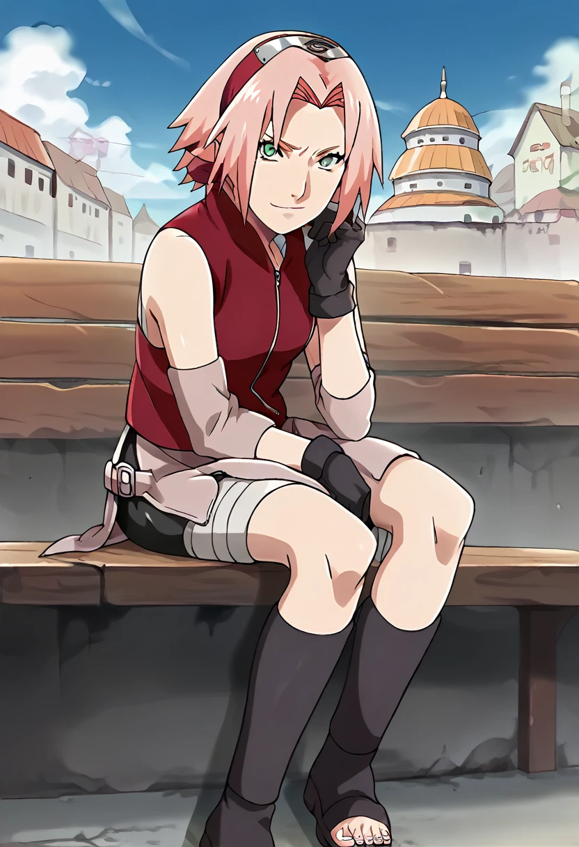 Sakura_haruno, official_art, anime screencap, masterpiece, best quality, absurdres, solo, woman, badass, sitting on bench,  looking at viewer, smirk,  red sleeveless minidress, zipper, toeless footwear, bandaged leg, pink miniskirt, sleeveless, pink hair, short hair, parted bangs, green eyes, small breasts, konohagakure symbol, black gloves, outdoors, village background, grey sky, 