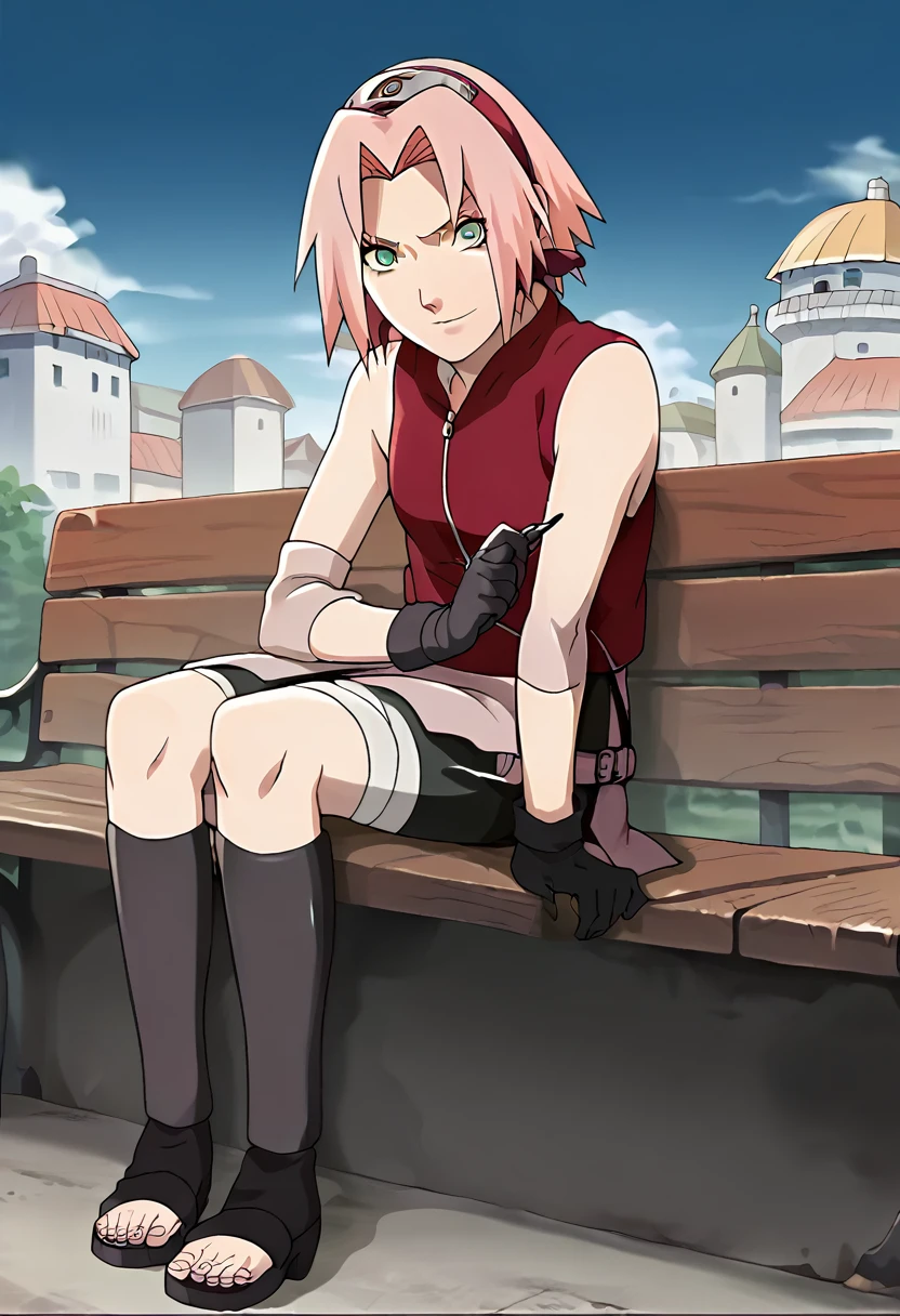 Sakura_haruno, official_art, anime screencap, masterpiece, best quality, absurdres, solo, woman, badass, sitting on bench,  looking at viewer, smirk,  red sleeveless minidress, zipper, toeless footwear, bandaged leg, pink miniskirt, sleeveless, pink hair, short hair, parted bangs, green eyes, small breasts, konohagakure symbol, black gloves, outdoors, village background, grey sky, 