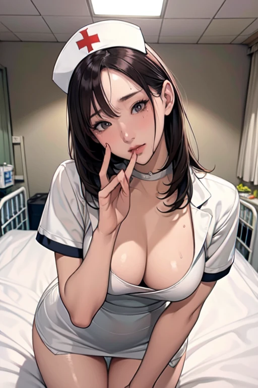 top-quality、Full limbs、complete fingers、1 beautiful woman,detailed beautiful face,cute face,mole under eye、、sweat、Slender beauty、straight haired、Brown hair、((white Nurse uniform、very skinny))、cleavage、White pantyhose、(hospitals、Hospital Room、on Patient bed:1.5)、used condom、vulgarity、spoken heart、(bikini tan:-0.0)、(sexy pose:1.5)、