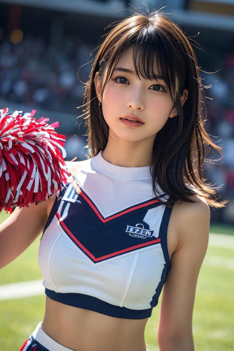 Ala Fed Asian cheerleader holding pom pom in stadium, gros-plan, gros-plan,  Photo, Anime , Small breasts, RAW Photo, Best Quality, High resolution, (masutepiece), (Photorealistic:1.4), professional Photography, Sharp Focus, nffsw, 8K resolution, Intricate details, depth of fields, Highly detailed CG Unity 8k wallpaper, Front light, NSFW, Woman, girl, beautiful supermodel, Smile, slender, Small Cheer Uniform, yellow