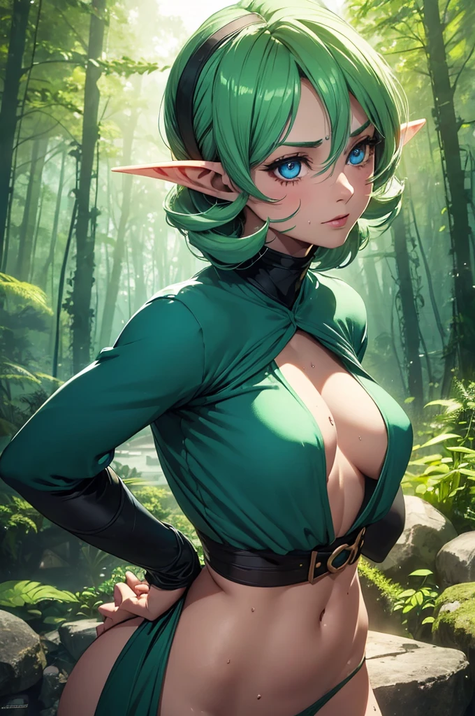 Jungle like environment. A lithe young Woman with a deep, green plant like skin tone and a B-cup-Bust. She short has leaf green curly hair & is wearing a form-fitting bodysuit with a deep neckline, exposing much of her chest area & slightly revealing mythic flowing Black-Purple-Green cloak with Golden Floral designs. She has Serious yet gentle gaze in her heterochrome eyes, with One eye being a deep green and the other being a light gold. She has long crystal blue antlers radiating Floral energy & a set of quaint elven ears. She has a small cute nose She is seen in a battle stance radiating a floral energy