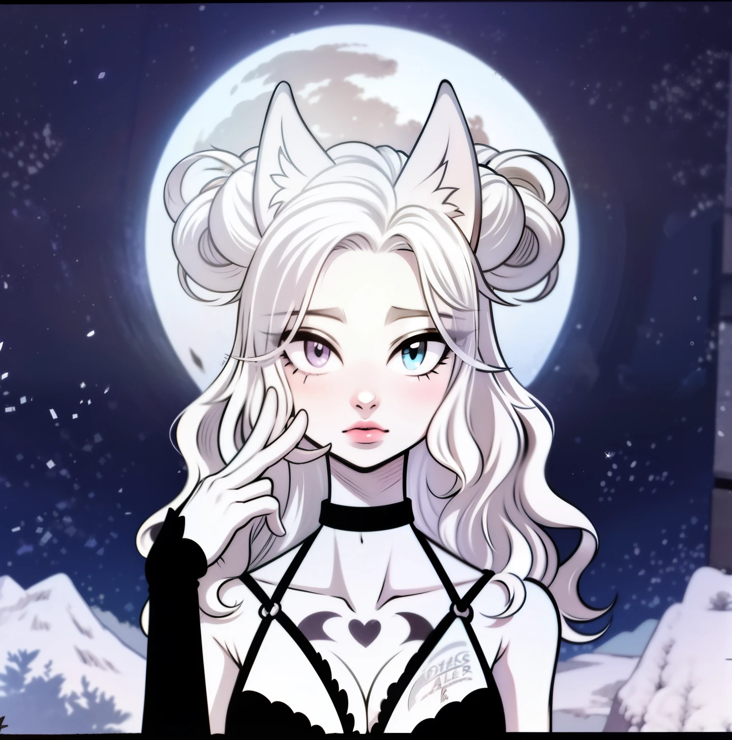 (Anthropomorphic wolf cute cub) wolf ears, with black jacket, one blue eye and one white , heterochromia in the eyes ,platinum blonde curly hair with purple ends,bad girl, Moon birthmark on forehead 🌕🌙, Hybrid,Young, portrait, , posture facing the camera, Cartoon, dressed as a vesater metal rocker from the 80s masterpiece, confident posture, youtuber, fleshy lips , piercings no nariz e nas wolf ears, tattoos all over the body, tattoo de lua 🌙 acima dos seios,black angel wings on the back, and dark purple necklace on neck, Hand with drag glove