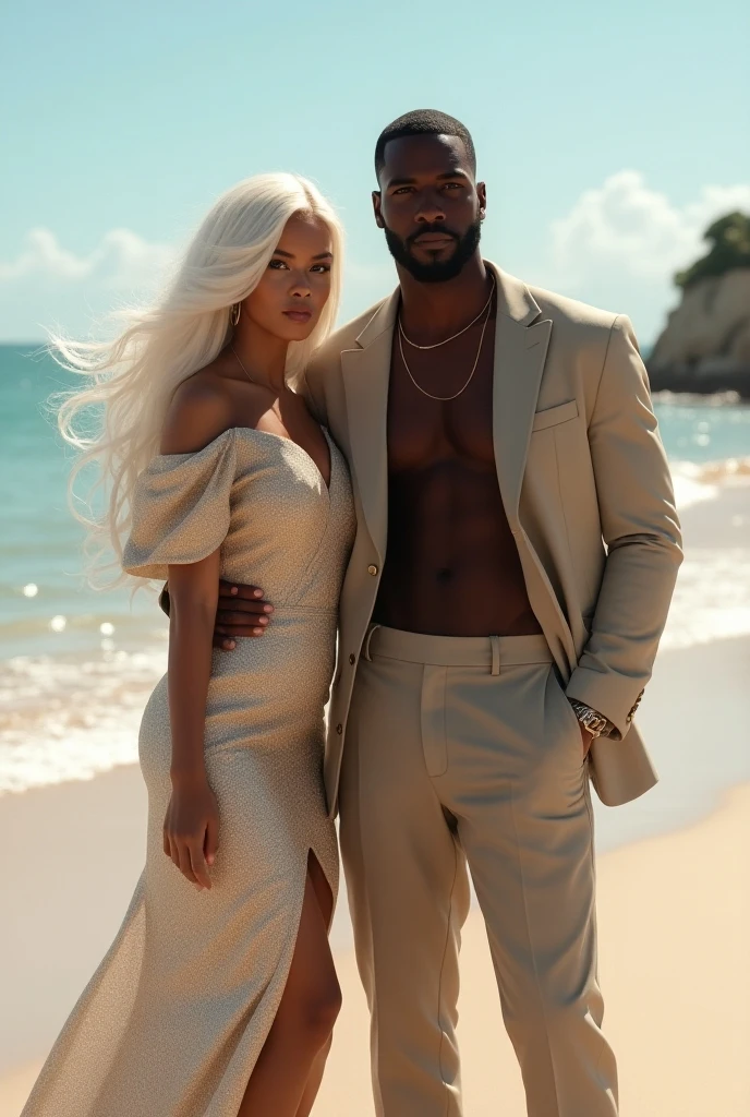 A couple, a tanned man with golden skinhead hair and a white woman with blonde hair tied up, blue eyes, and big breasts, holding hands, walking on the beach during the day.
