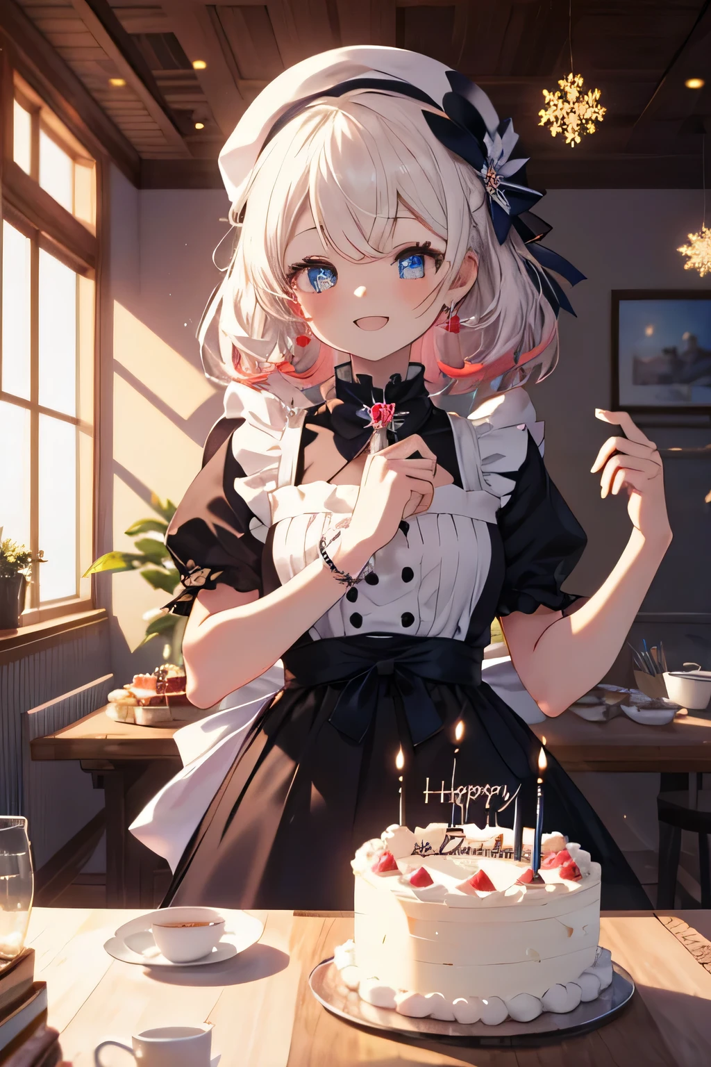 Maid without a headdress girl, fondo room,  floating with joy, Background house (room), complete anatomy, 3D,  ornament of an accessory shaped like a flower on the head, aura, graphic effects, first person, white beret, Otaku birthday cake(Laby-themed decor), Christmas ornaments , Recite happy birthday