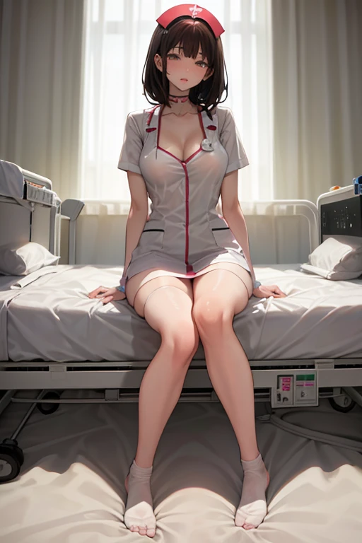 top-quality、Full limbs、complete fingers、1 beautiful woman,detailed beautiful face,cute face,mole under eye、、sweat、Slender beauty、straight haired、Brown hair、((white Nurse uniform、very skinny))、cleavage、White pantyhose、(hospitals、Hospital Room、on Patient bed:1.5)、used condom、vulgarity、spoken heart、(bikini tan:-0.0)、(sexy pose:1.5)、