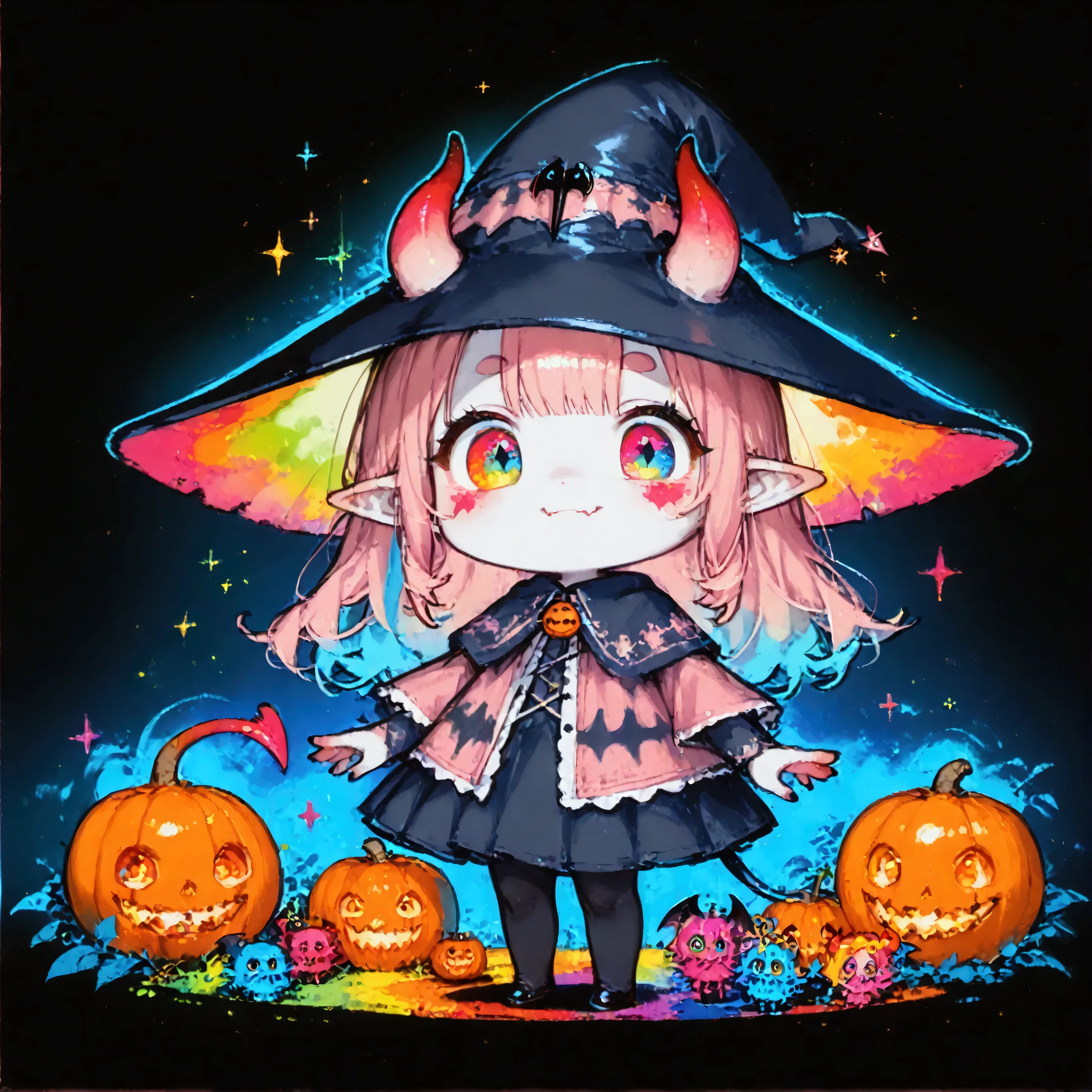 hzk,score_9, score_8_up, score_7_up, score_6_up, score_5_up, score_4_up ,(solo:1.8),1girl\((devil:1.7),chibi,cute,big eyes,white skin,(witch costume)\),(f3nn3r:1.8),(colourful,vivid, pink, blue, black, red, trippy:1.6),(simple background:1.3) with Jack-o'-lanterns, icon style