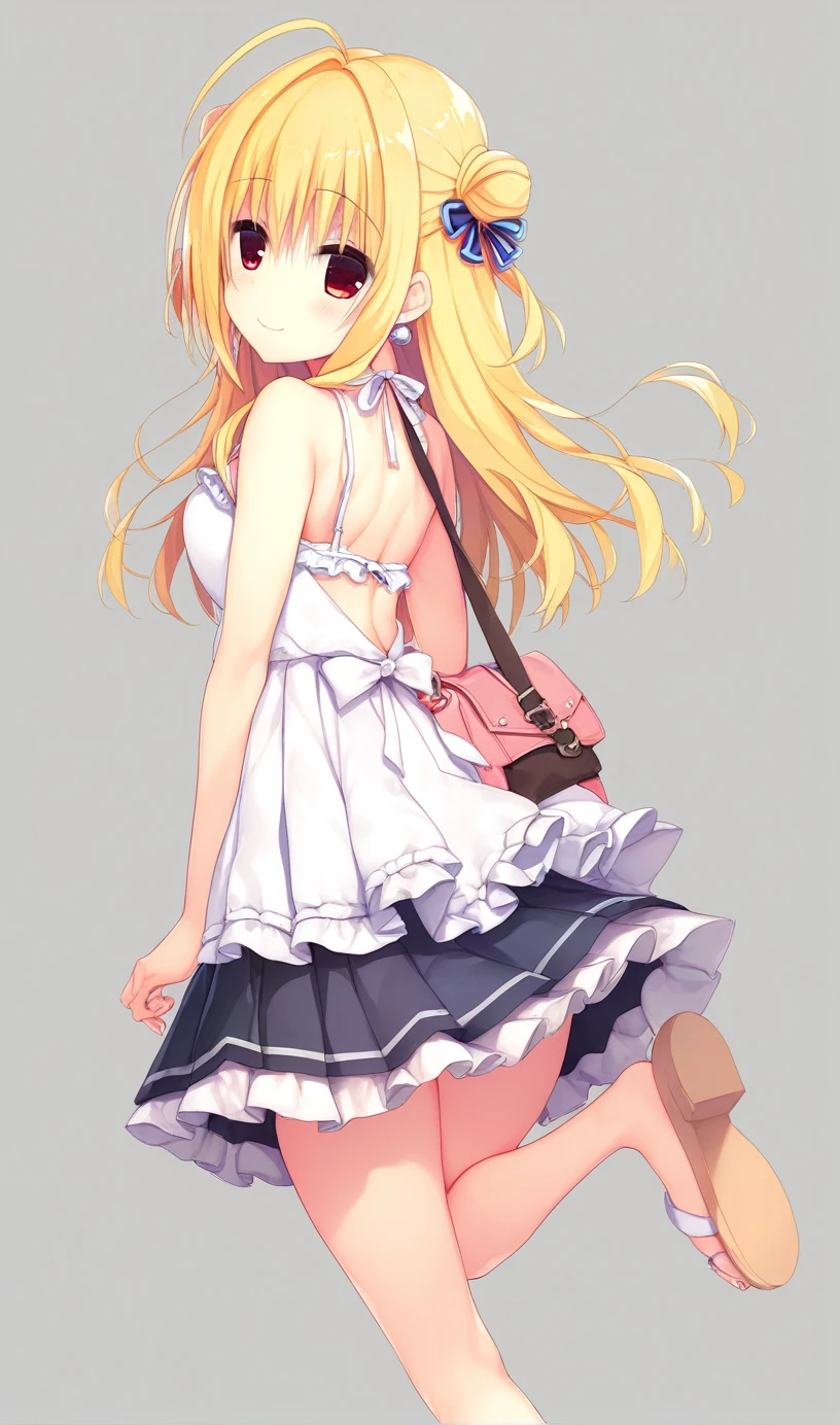 1girl,hiyori-default,hiyori-default,red eyes,blonde hair, double bun,ahoge, long hair, Halter neck camisole, (backless camisole:1.3), light pink pleated skirt, thin-strap sandals, simple pendant, pearl earrings, and small chain shoulder bag, One person, smiling, From behind