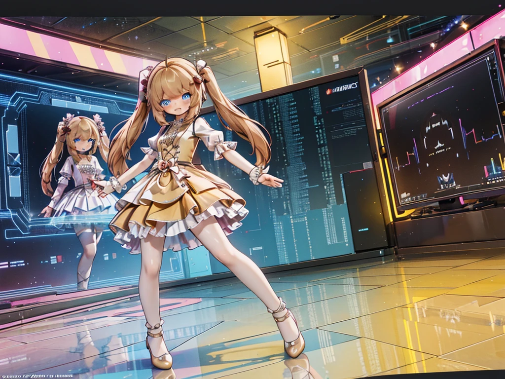 masterpiece, Best Quality, CG wallpaper, 8k,  Girl Reflected in Monitor, Alone,  cute,  smaller,  blue eyes ,  Brown Twin Tails , (Yellow Dress), Open Mouth Smile ,  Look Away ,  Dynamic Angle, Glitch,  Neon and LED Lights , Front View, full body
