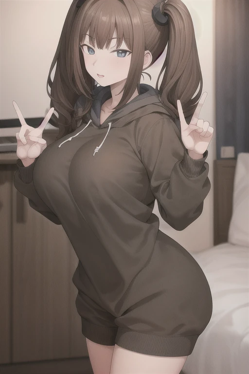 (masterpiece:1.2, best quality), (finely detailed beautiful eyes: 1.2),terasumc, (extremely detailed CG unity 8k wallpaper, perfect detailed fingers and hands, best quality, ultra-detailed),  (v:1.4), peace sign,brown eyes, brown hair, twin tails, large breasts, black hoodie, shorts,   High contrast, (best illumination, an extremely delicate and beautiful),1girl,(simple backround, bedroom, indoors),  looking at viewer,beautiful detailed glow, (beautiful detailed face, beautiful detailed eyes), (perfect hands),