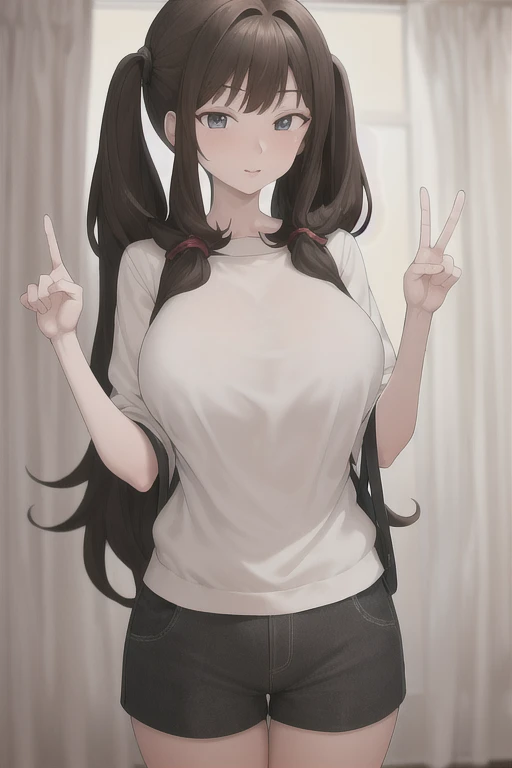 (masterpiece:1.2, best quality), (finely detailed beautiful eyes: 1.2),terasumc, (extremely detailed CG unity 8k wallpaper, perfect detailed fingers and hands, best quality, ultra-detailed),  (v:1.4), peace sign,brown eyes, brown hair, twin tails, large breasts, black hoodie, shorts,   High contrast, (best illumination, an extremely delicate and beautiful),1girl,(simple backround, bedroom, indoors),  looking at viewer,beautiful detailed glow, (beautiful detailed face, beautiful detailed eyes), (perfect hands),