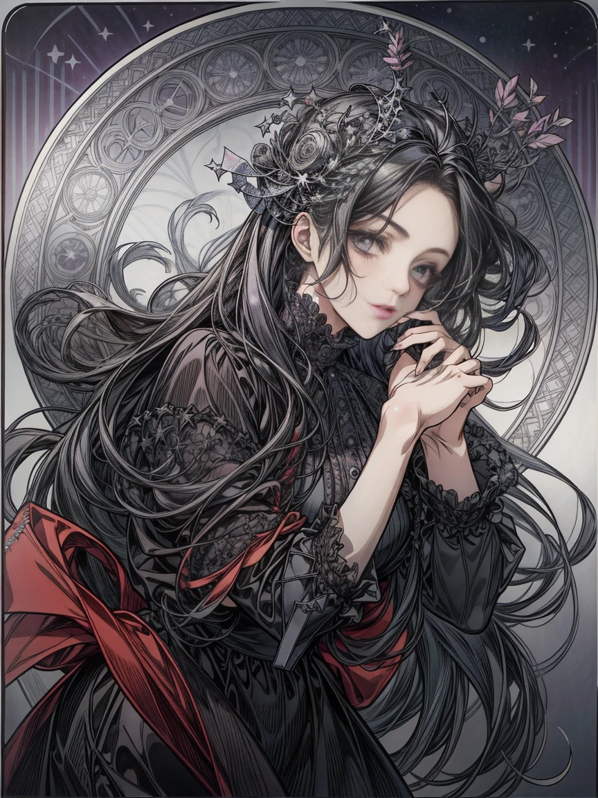 (Gothic Punk_ dark fantasy:1.2)、(Best Quality,masutepiece:1.2),(Anime style,Comic Noir Style:1.1),"占star術を強調したアルフォンス・ミュシャにインスパイアされたアールヌーヴォー風のイラスト。1girl,Alone,( black gothic dress :1.2),( flowing straight long hair _Black Hair:1.2)。(Circular Frame_12star座のシンボル:1.2),star、moon、惑starの要素を含めて、(占star術:1.2)It reinforces the theme of 。(dark colors:1.2) create a mysterious and cosmic atmosphere with the decorative flamboyance typical of Mucha's style。