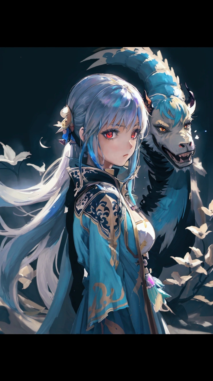 masterpiece, best quality ultra-realistic mix fantasy,(1 giant eastern dragon:1.3) behind an asian woman holding a glowing sword,void energy diamond sword, in the style of dark azure and light azure, mixes realistic and fantastical elements, vibrant manga, uhd image, glassy translucence, vibrant illustrations, ultra realistic, long hair, straight hair, light purple hair,head jewelly, jewelly, shawls,light In eyes, red eyes, portrait, firefly, bokeh, mysterious, fantasy, cloud, abstract, colorful background, night sky, flame, very detailed, high resolution, sharp, sharp image, 4k, 8k, masterpiece, best quality, magic effect, (high contrast:1.4), dream art, diamond, skin detail, face detail, eyes detail, mysterious colorful background, dark blue themes