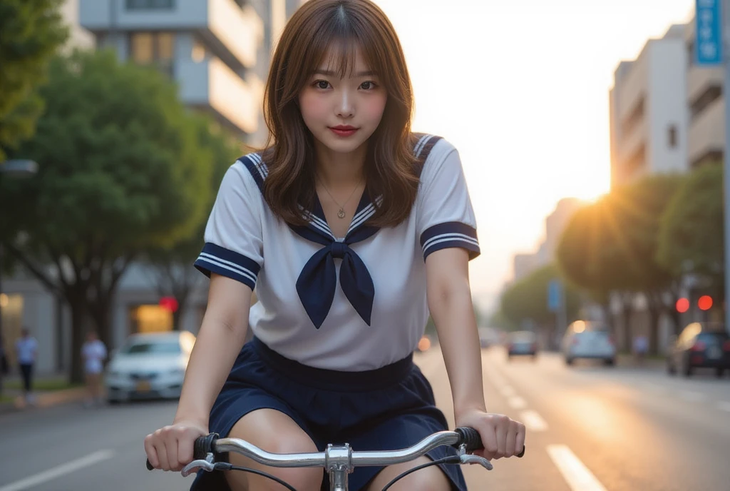  uniform on a downtown street in the evening ,   has a nice Japanese face , ((  very white skin  )),  uniform on a downtown street in the evening,  famous beautiful Japanese idol  , A very beautiful Japanese woman in a , Riding a bike:1.331,  anatomically correct ratio   :1.331,  has a small head:1.331, Slender body:1.331,  thin waist:1.331, Thin limbs:1.331,  flat chest:1.331, Japanese schoolgirl sailor suit  :1.21, Short sleeve clothing, White short-sleeved sailor uniform :1.21, sera fuku:1.21, navy skirt,  I can see the outline of their abdomen , Brown Hair,  wavy hair in front of the station :1.21, Symmetrical eyes,  very beautiful clear eyes ,  Beautiful Hair Fluttering in the Wind ,  she has a provocative posture , 